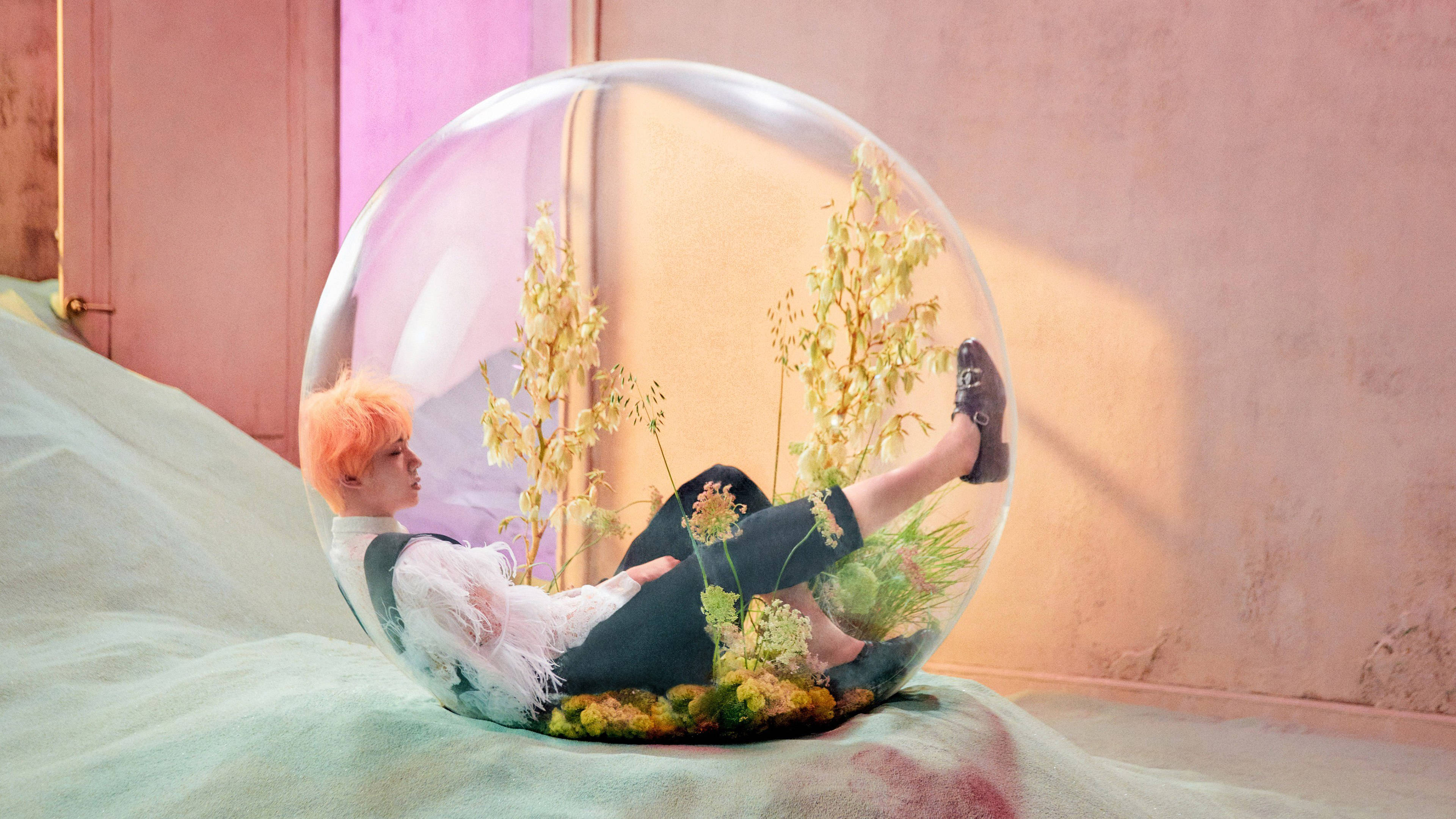BTS Jin, floral dome, glass sphere, 4K Desktop Wallpaper