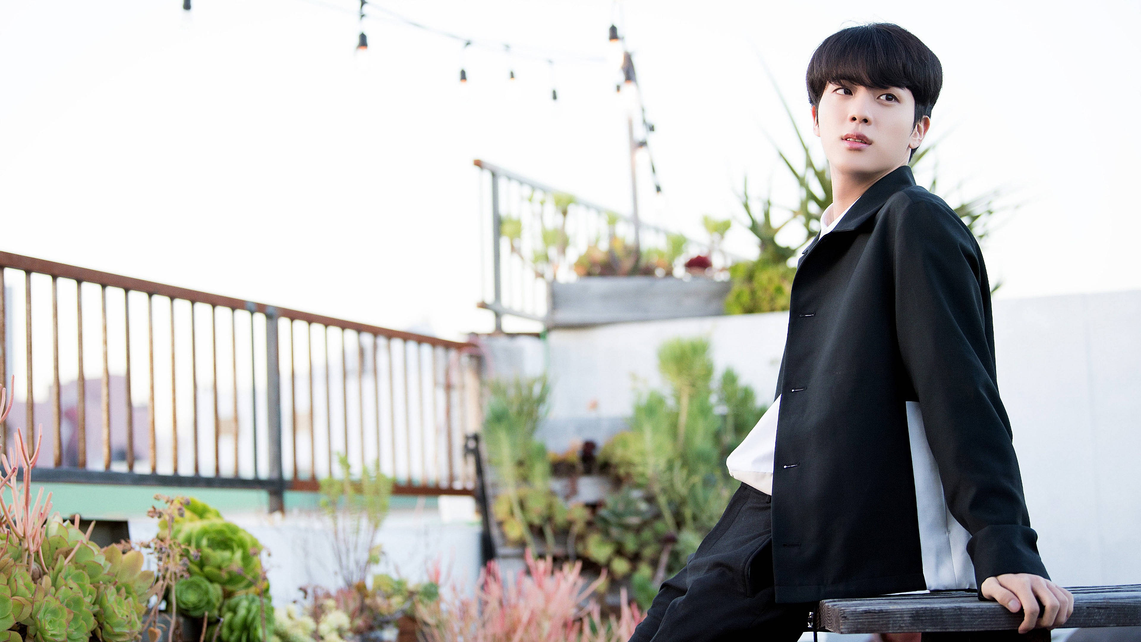 BTS Jin, roof garden, black coat, 4K Desktop Wallpaper