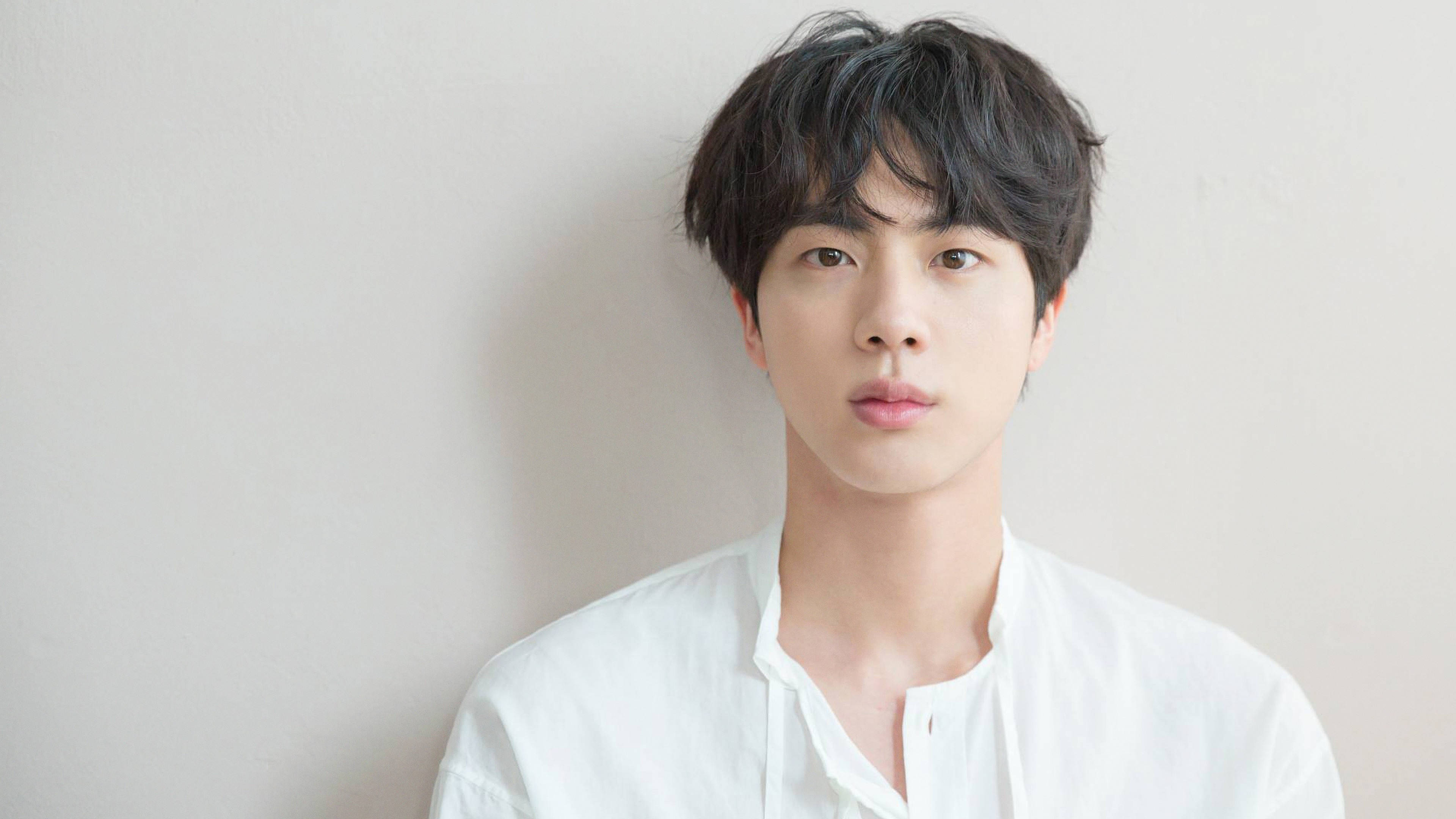 BTS Jin, white shirt, dark tousled hair, 4K Desktop Wallpaper