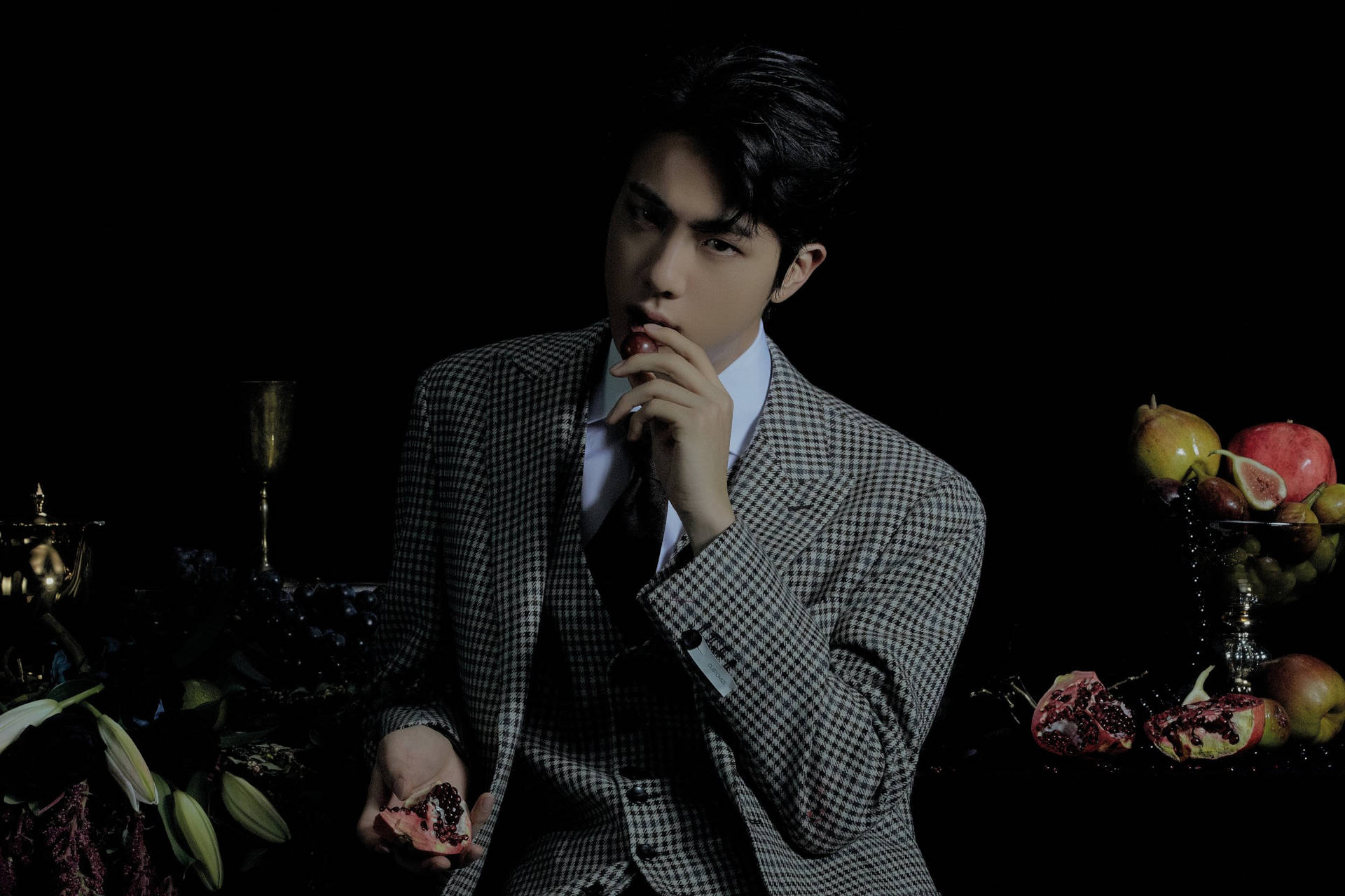 BTS Jin, checkered suit, pomegranate, Full HD Desktop Wallpaper