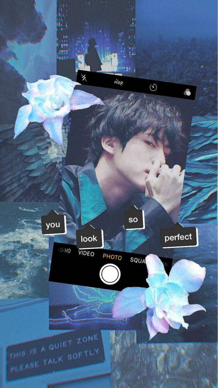 BTS Jin, dark aqua blue, glowing blue flowers, HD Phone Wallpaper
