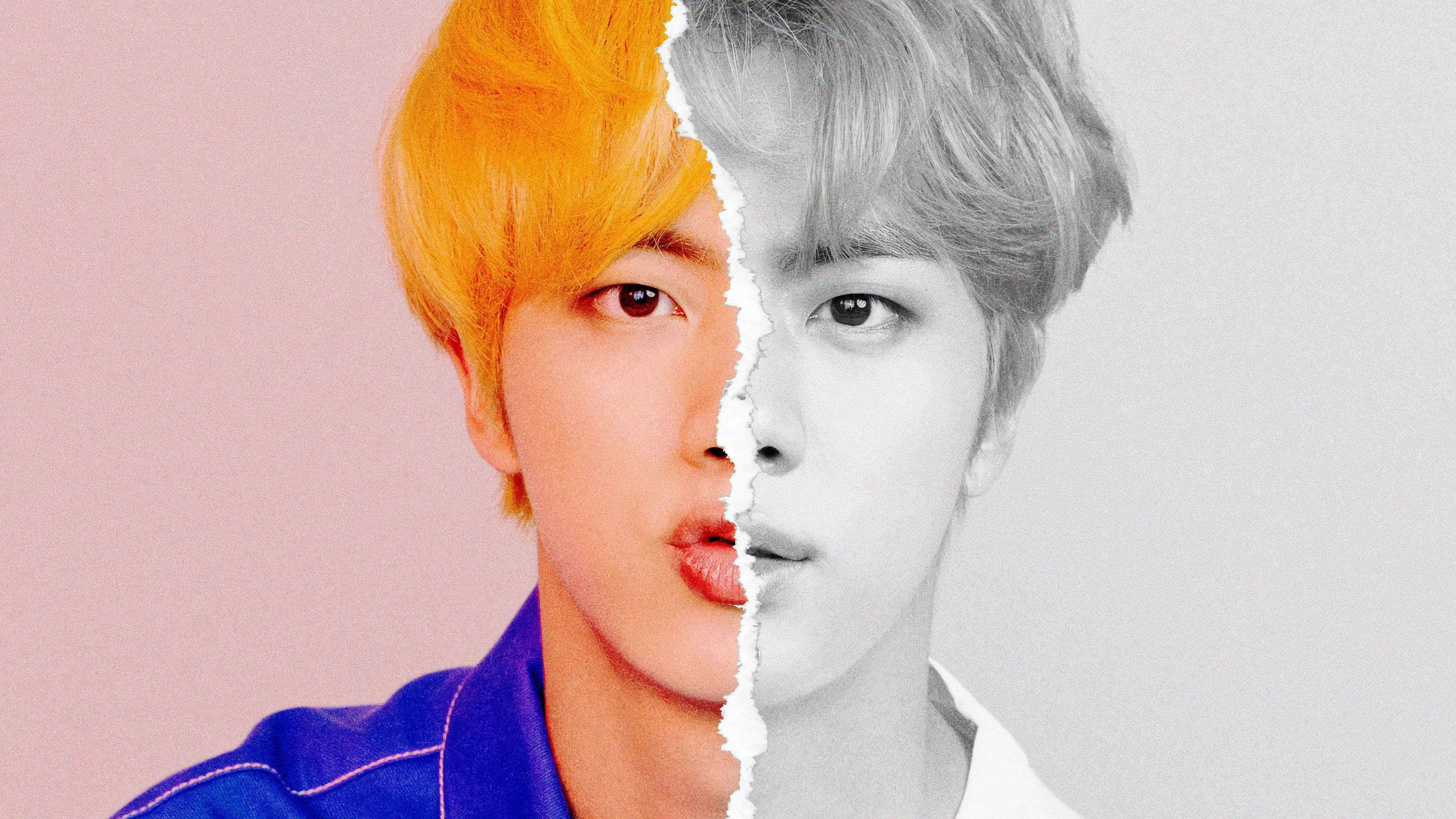 BTS Jin, torn paper effect, vibrant orange hair, 4K Desktop Wallpaper