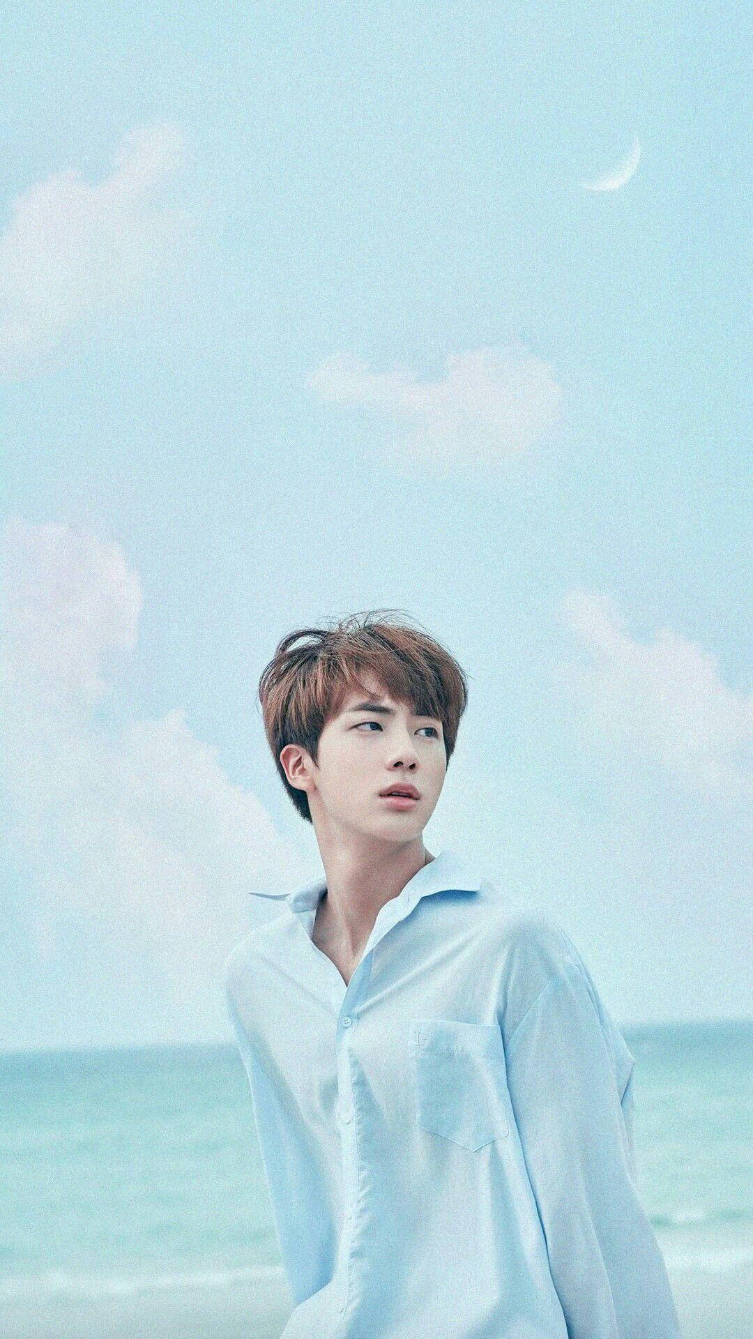 BTS Jin, beach, pale sky, Full HD Phone Wallpaper