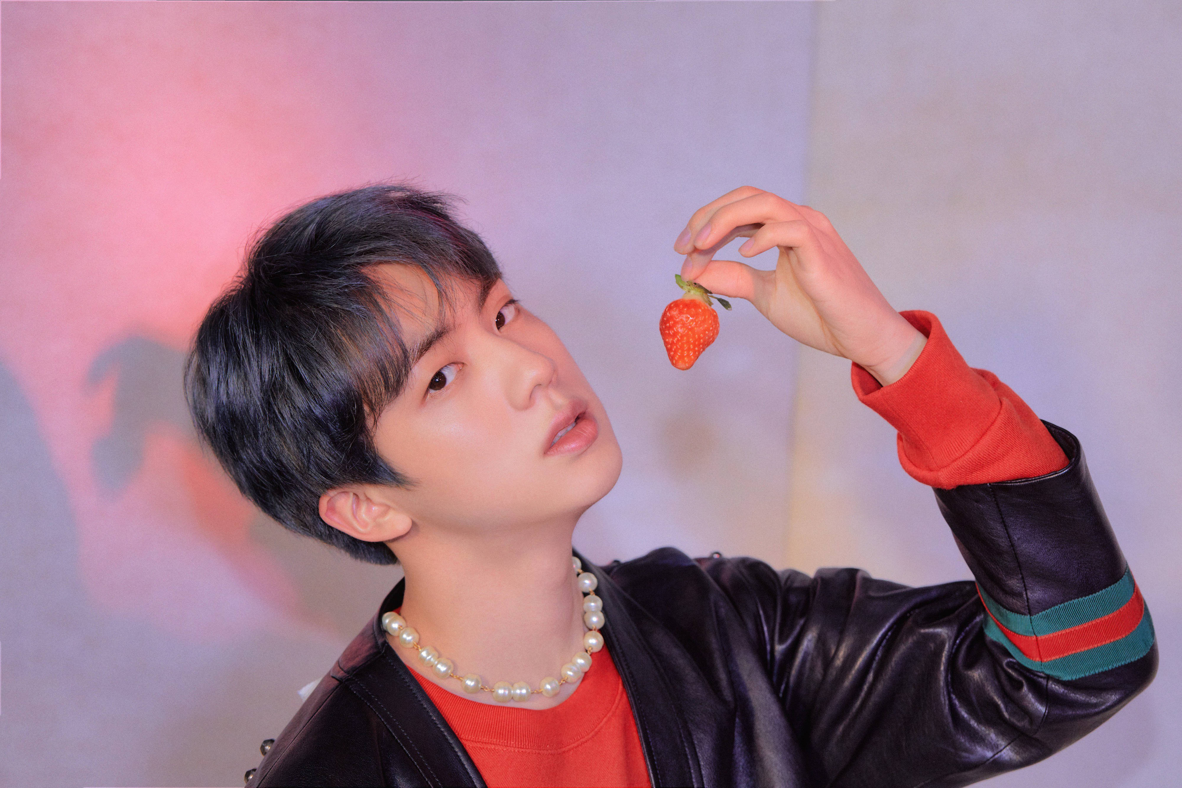 BTS Jin, leather jacket, strawberry, 4K Desktop Wallpaper