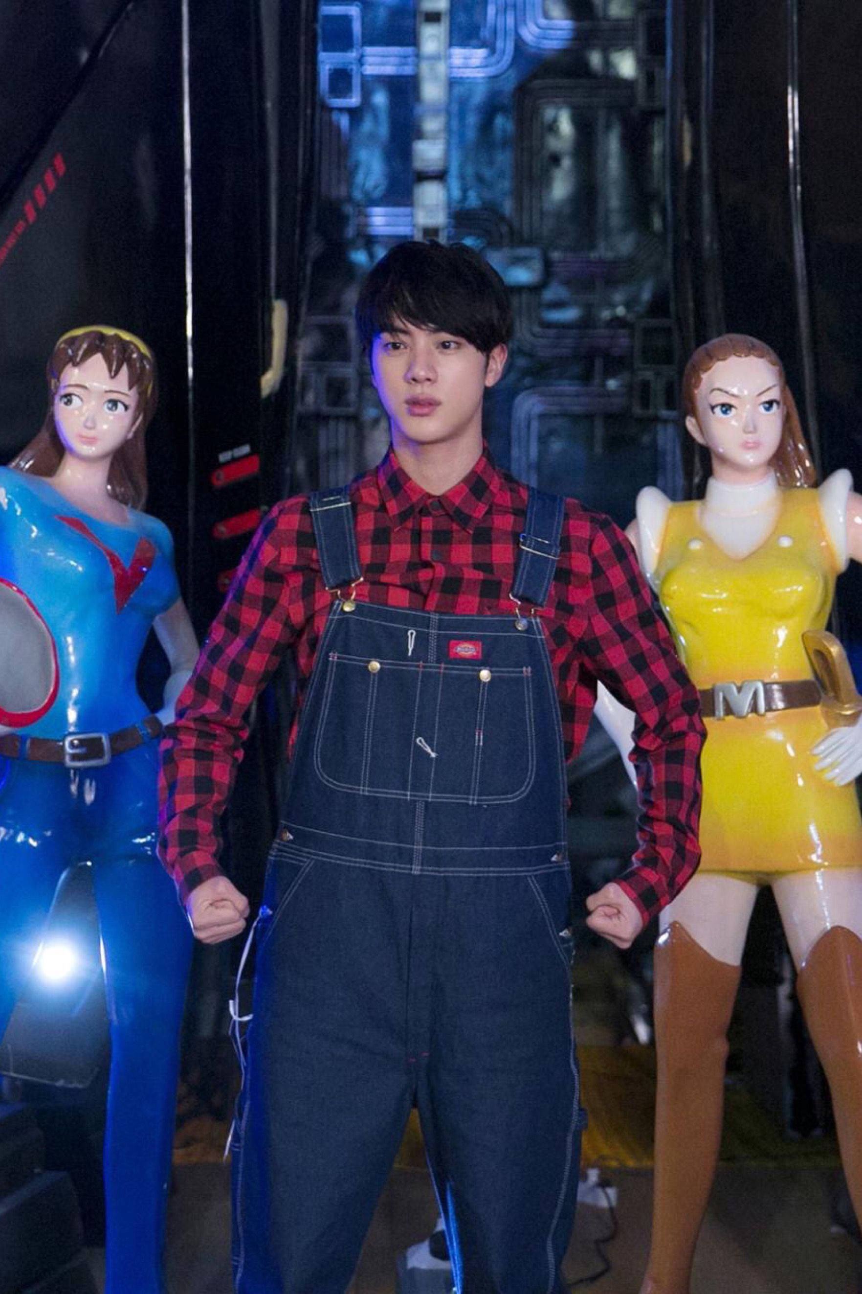 BTS Jin, denim overalls, red plaid shirt, 2K Phone Wallpaper