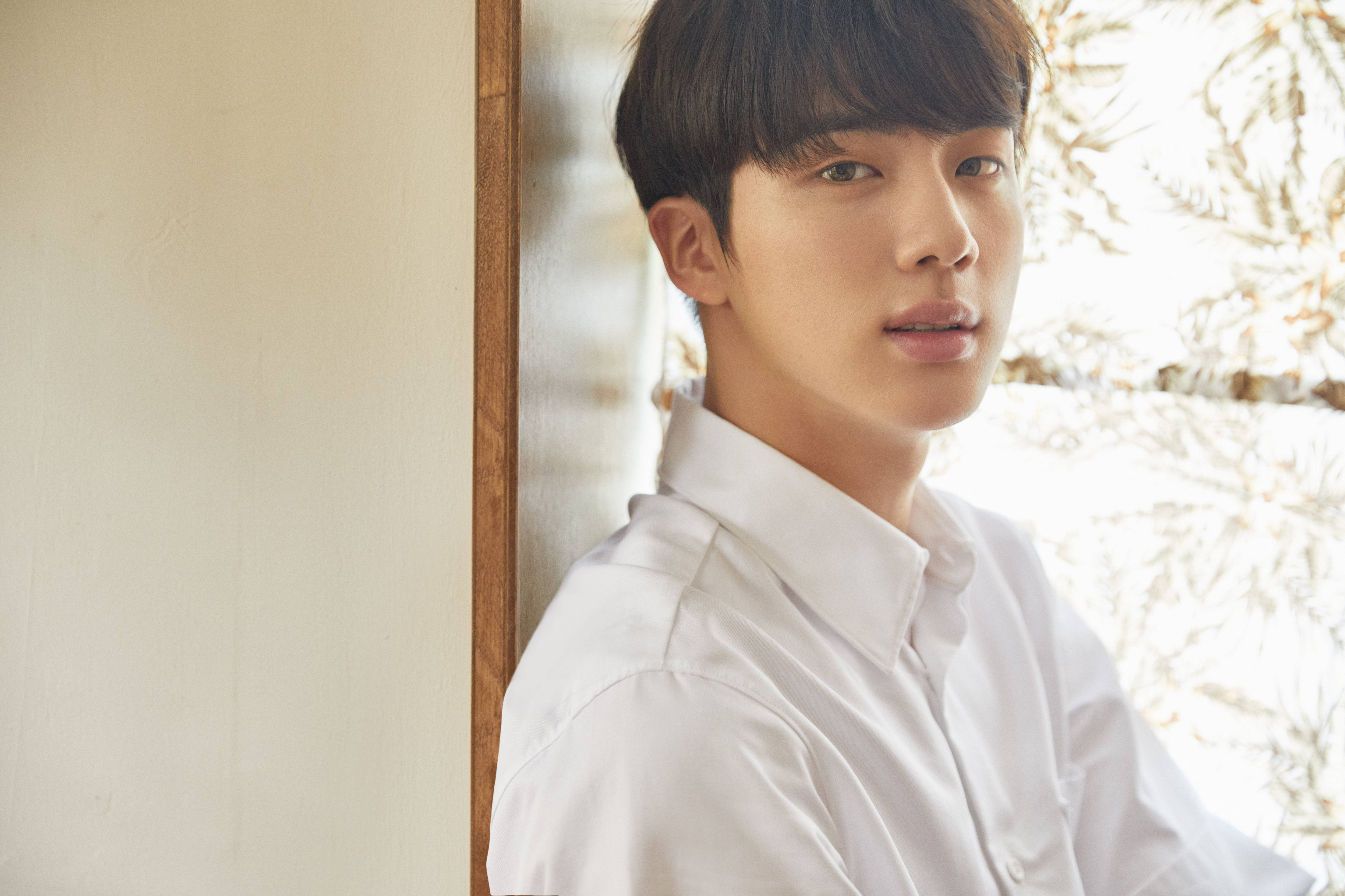 BTS Jin, crisp white shirt, wooden-framed window, 4K Desktop Wallpaper