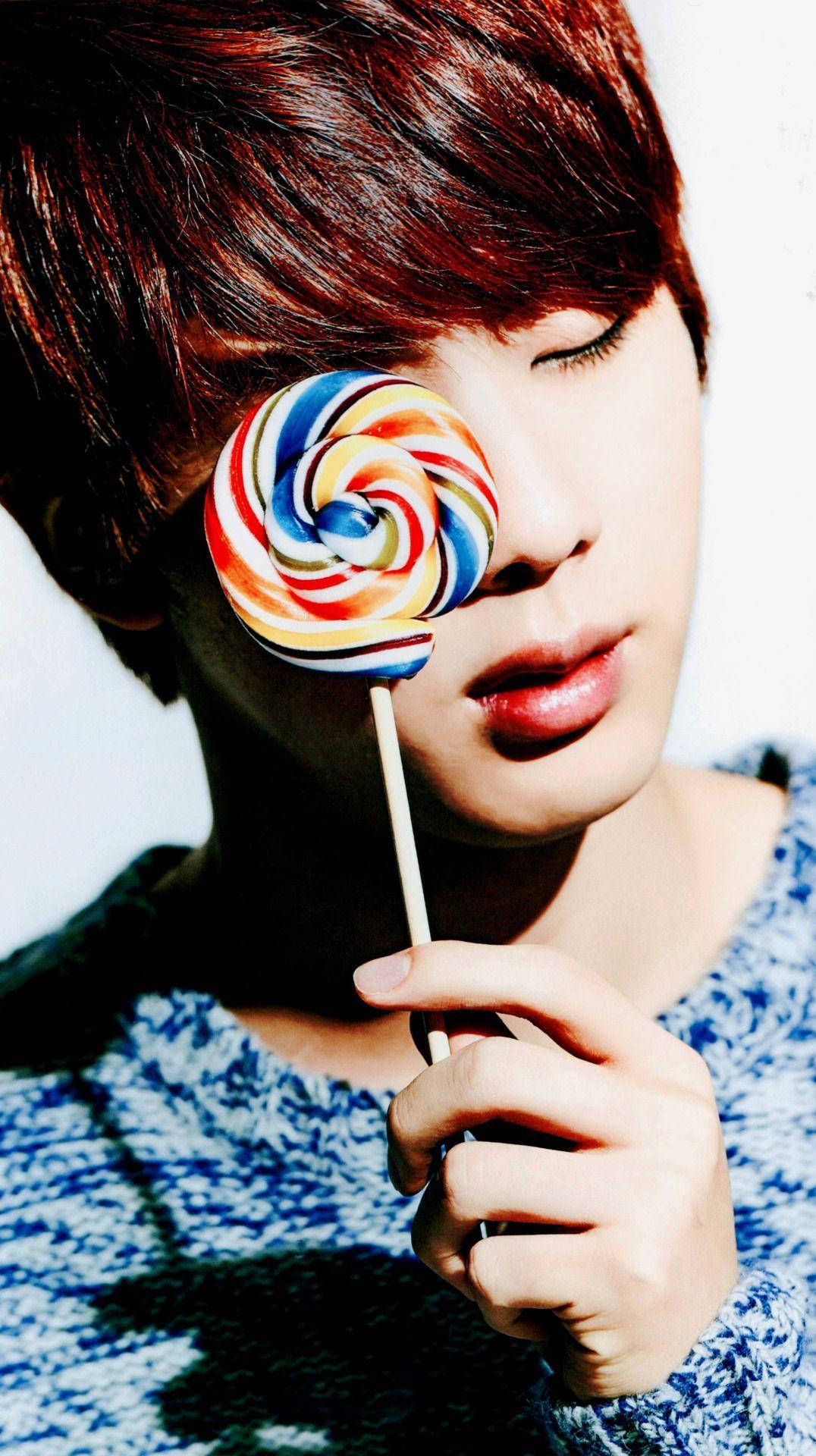 BTS Jin, twirl lollipop, red hair, Full HD Phone Wallpaper