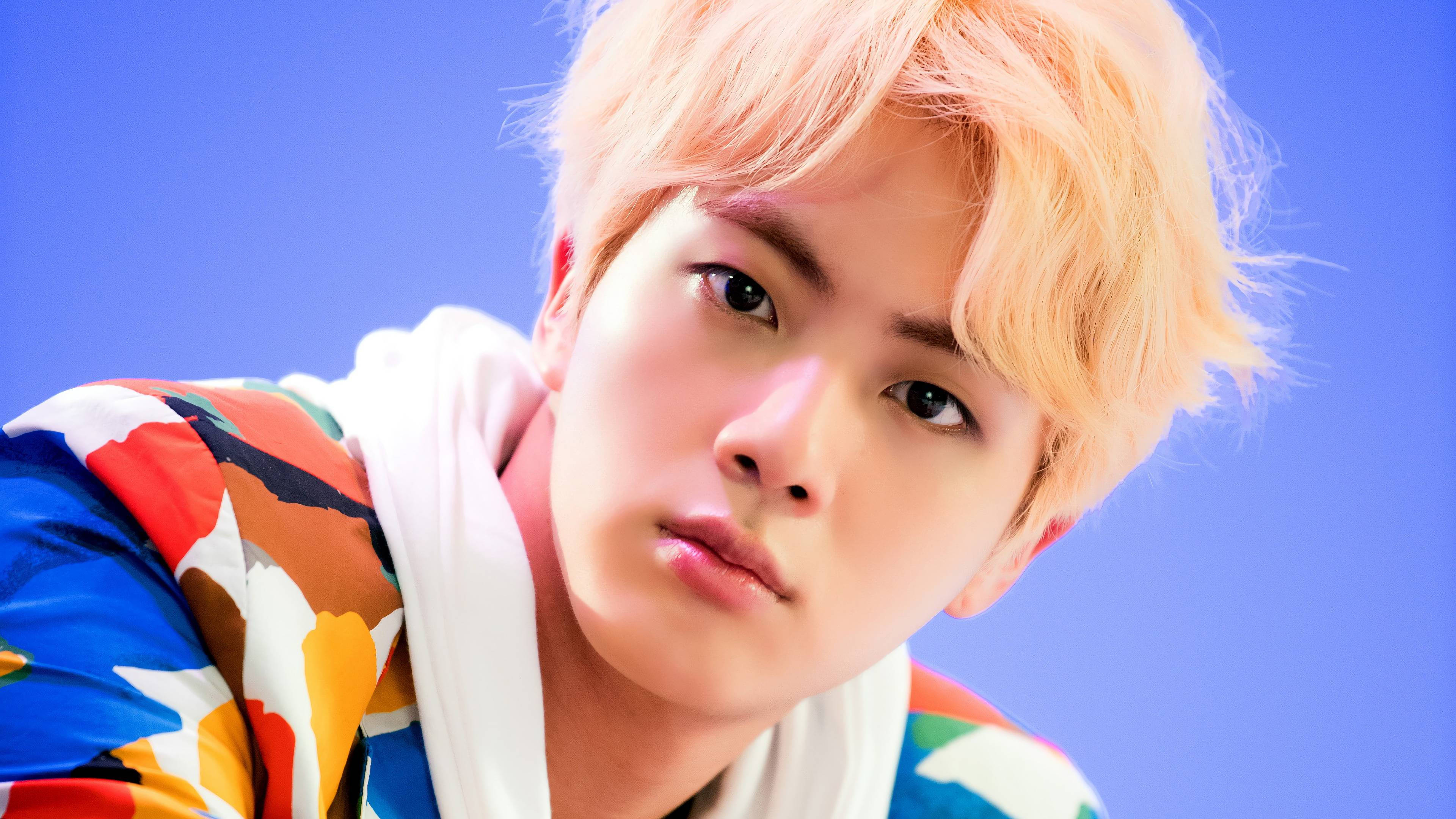 BTS Jin, peach blonde hair, colorful patterned hoodie, 4K Desktop Wallpaper