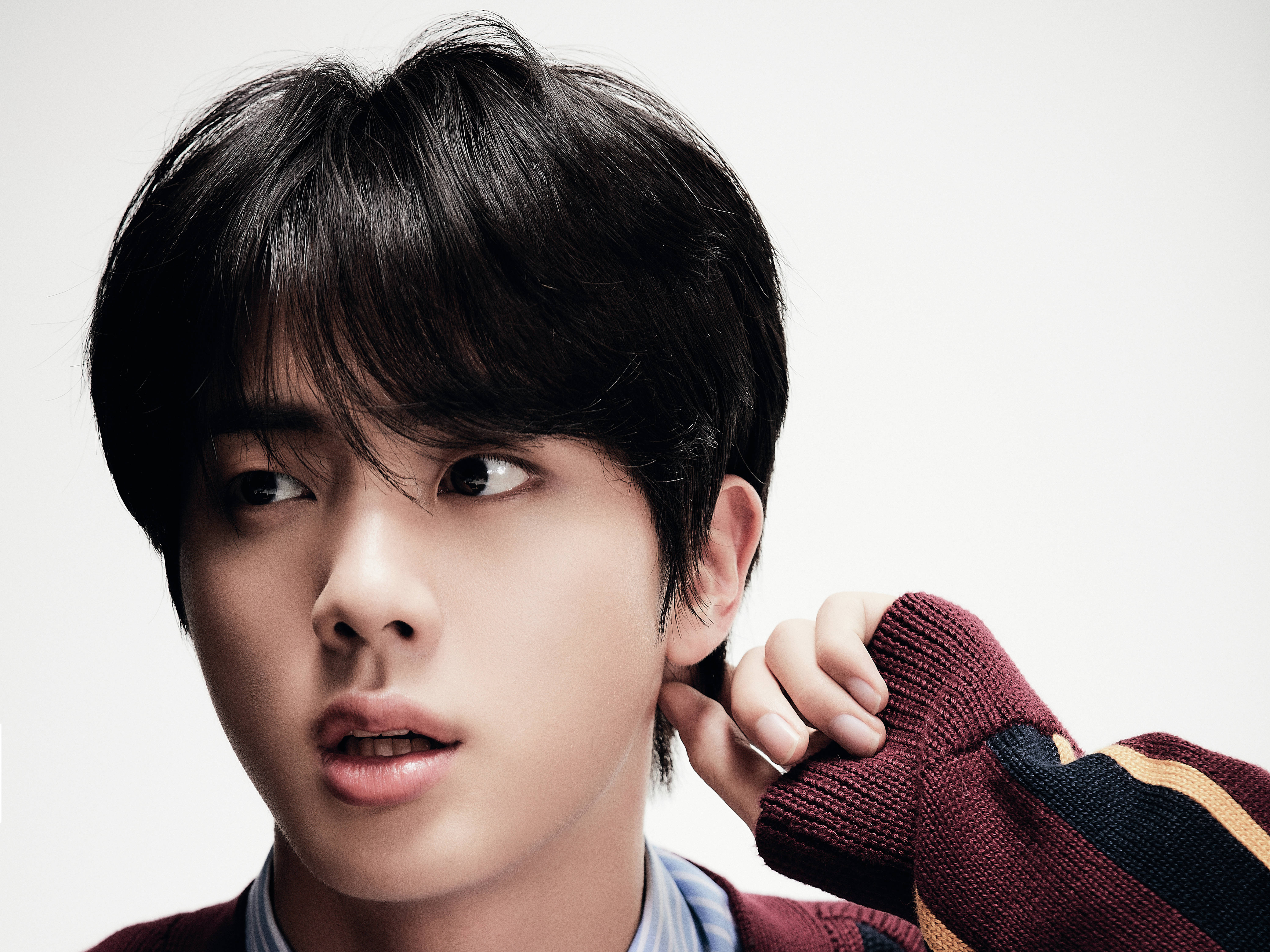 BTS Jin, dark hair, maroon sweater, 5K Desktop Wallpaper