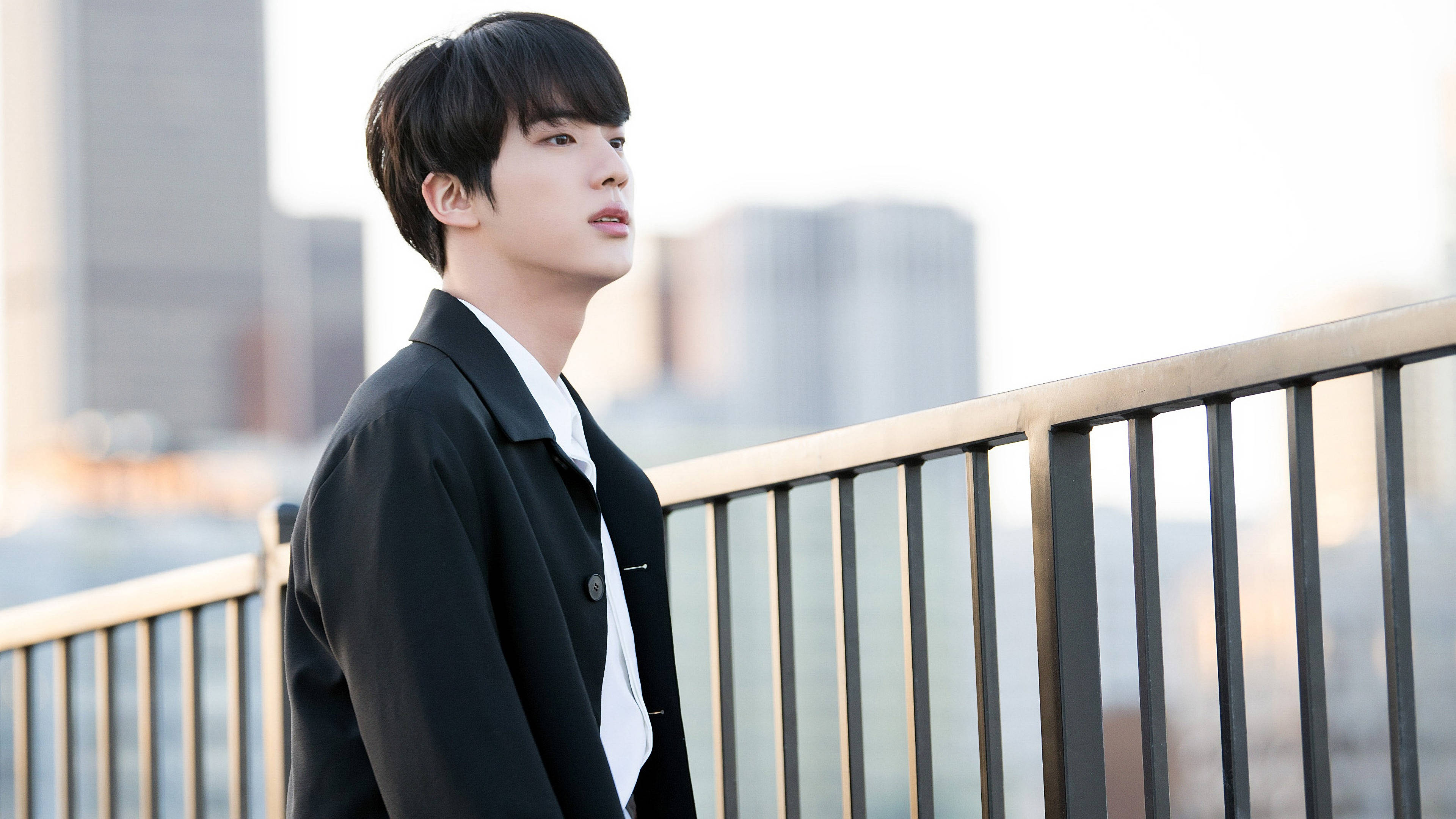 BTS Jin, black blazer, balcony, 4K Desktop Wallpaper