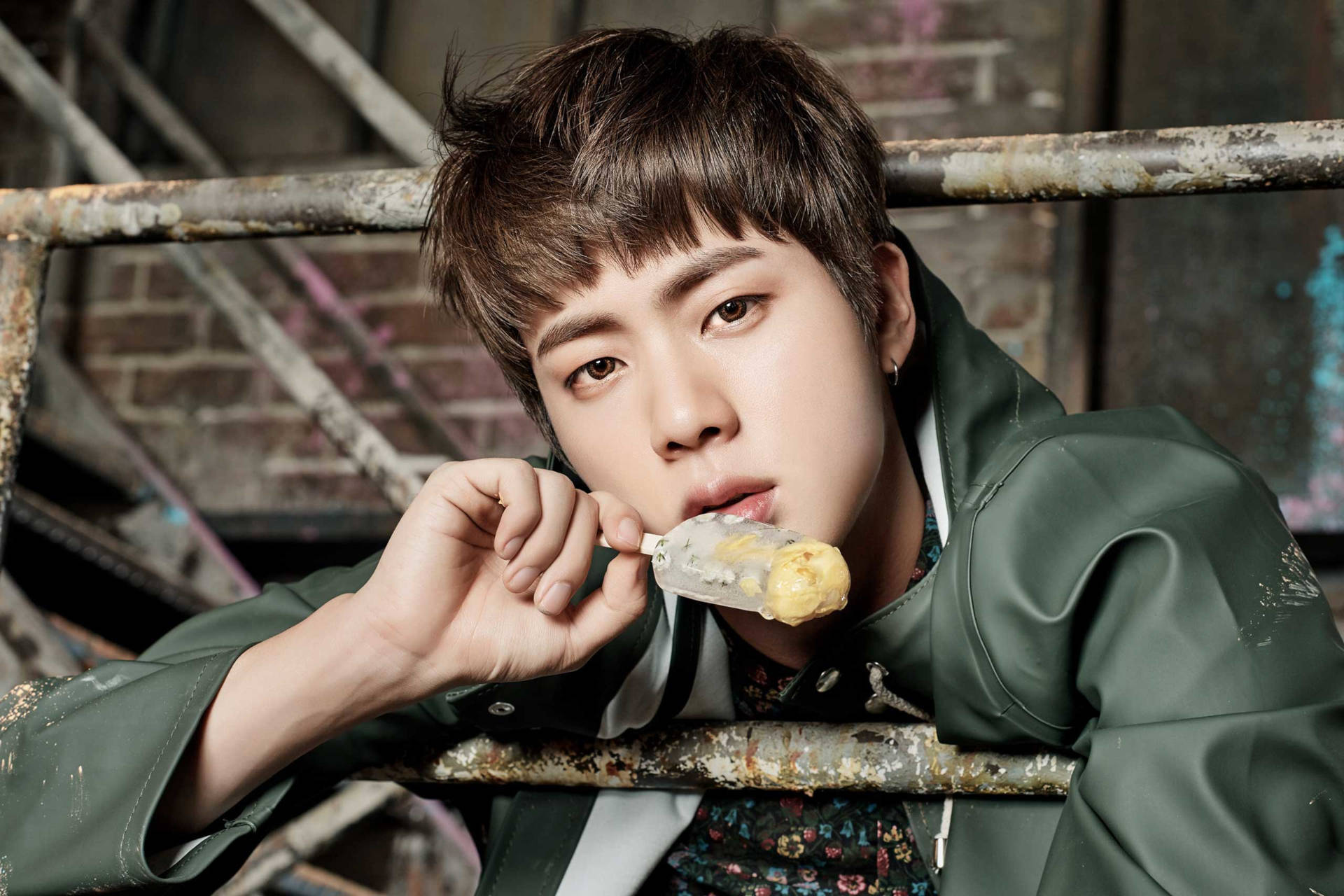 BTS Jin, green jacket, rusted metal, Full HD Desktop Wallpaper