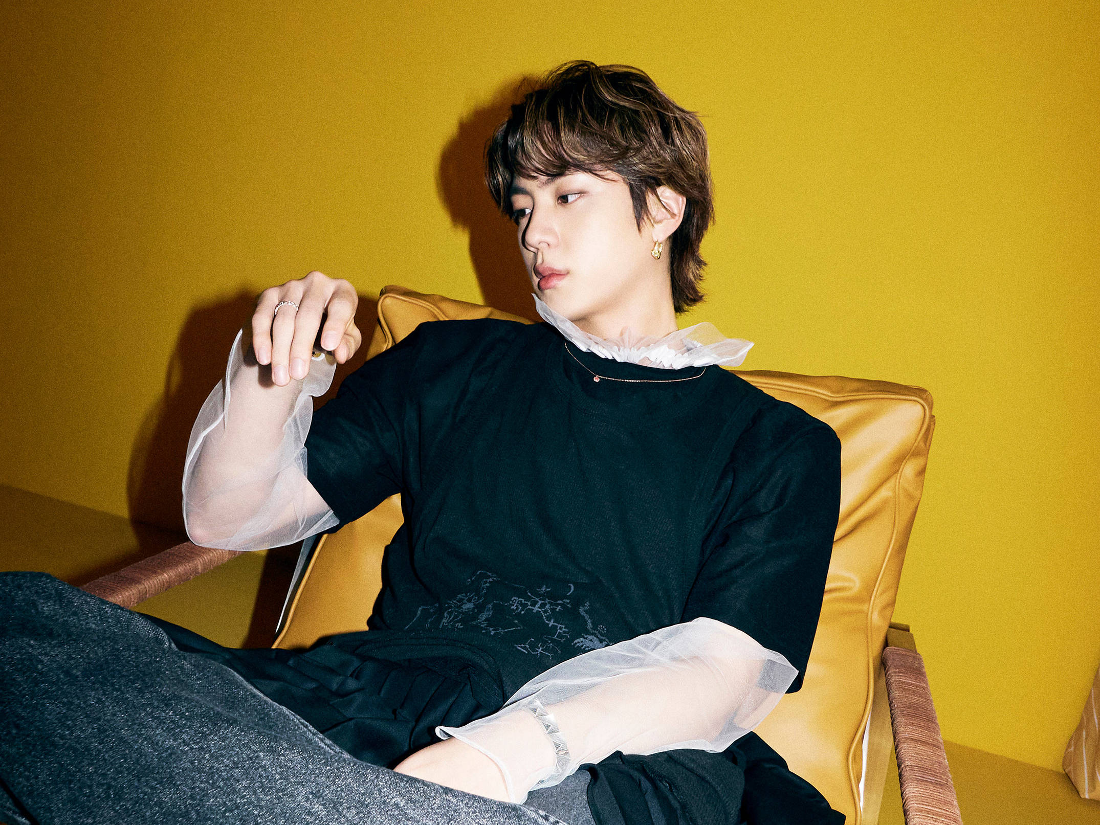 BTS Jin, mustard yellow armchair, matching wall, Full HD Desktop Wallpaper