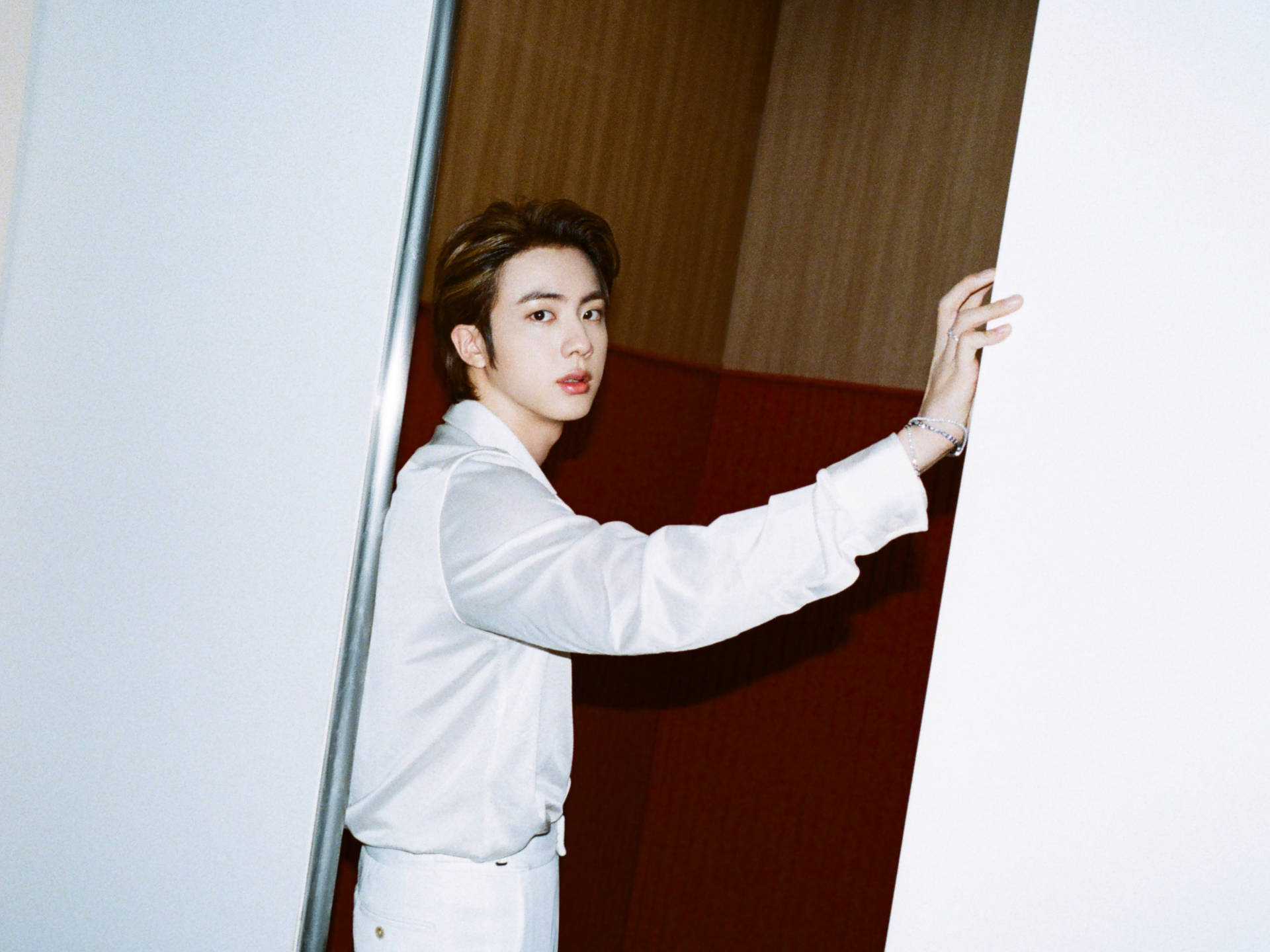 BTS Jin, crisp white shirt, red and white walls, Full HD Desktop Wallpaper