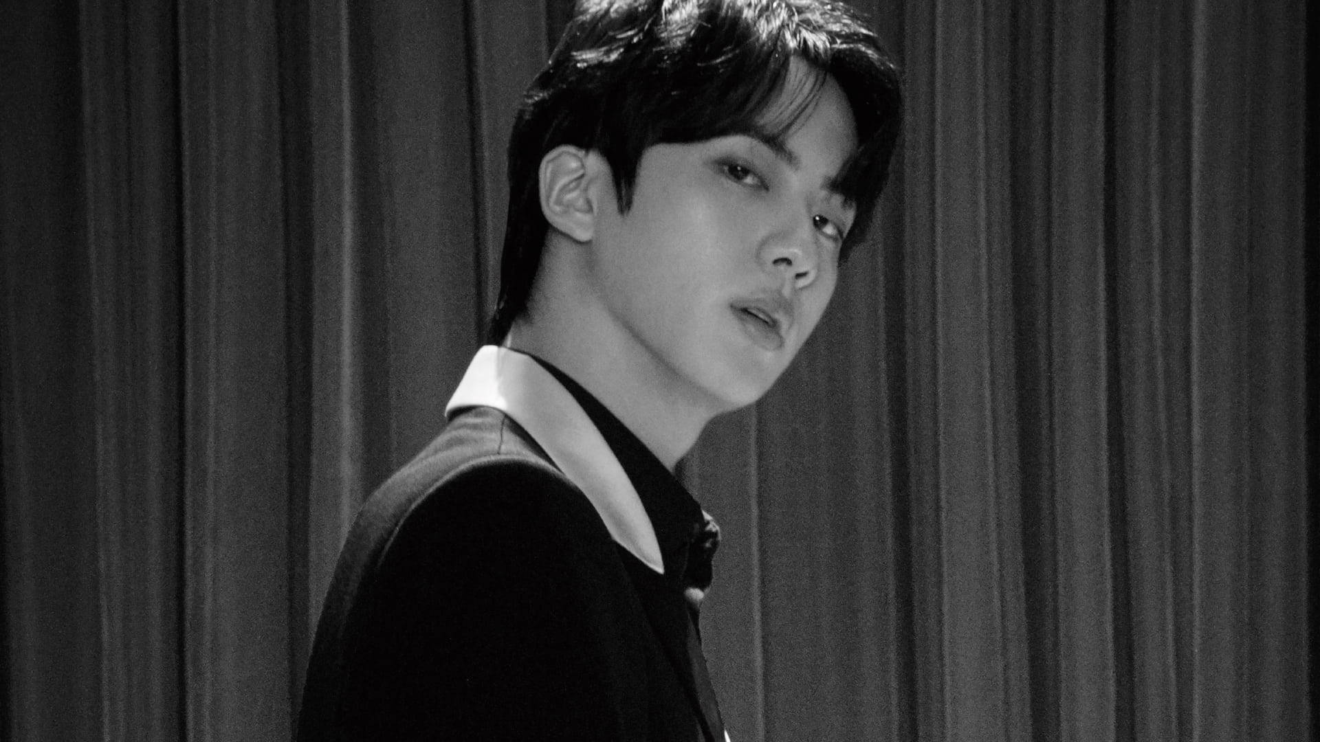 Jin BTS, dark suit, white collar, Full HD Desktop Wallpaper