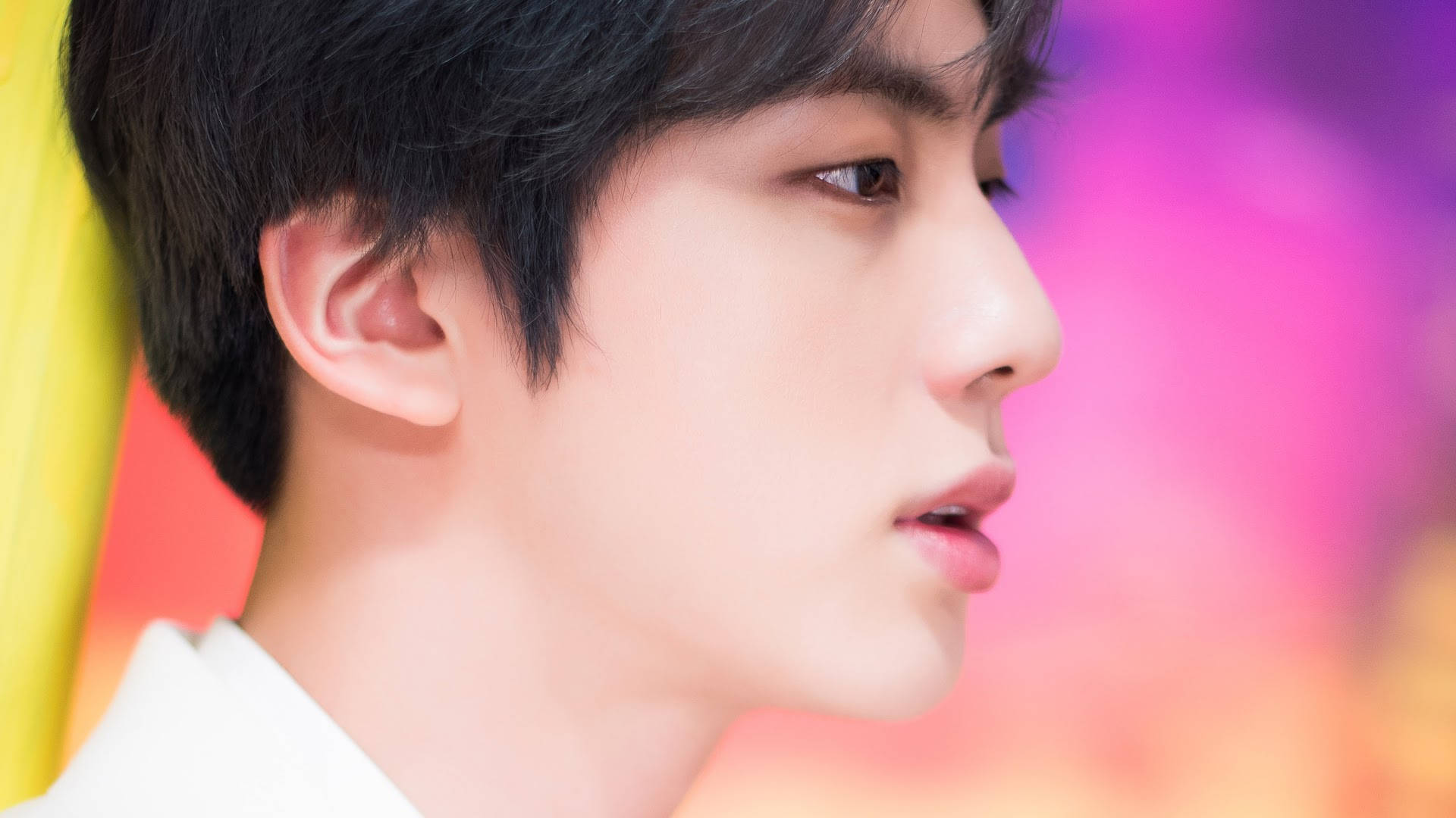BTS Jin, dark hair, pink yellow and orange hues, Full HD Desktop Wallpaper