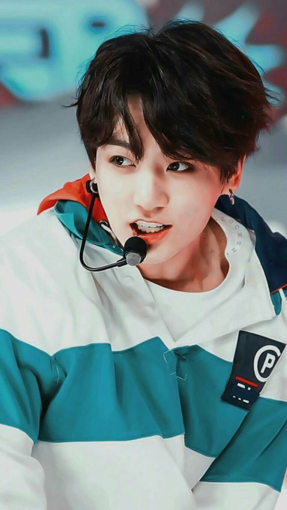 BTS JK, striped jacket, headset microphone, HD Phone Wallpaper