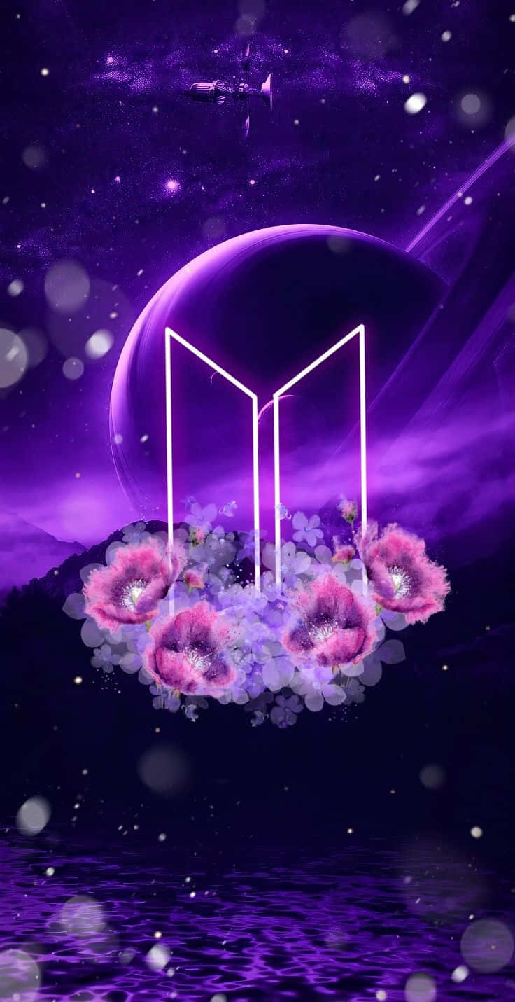 BTS, neon BTS logo, glowing purple cosmic scene, HD Phone Wallpaper