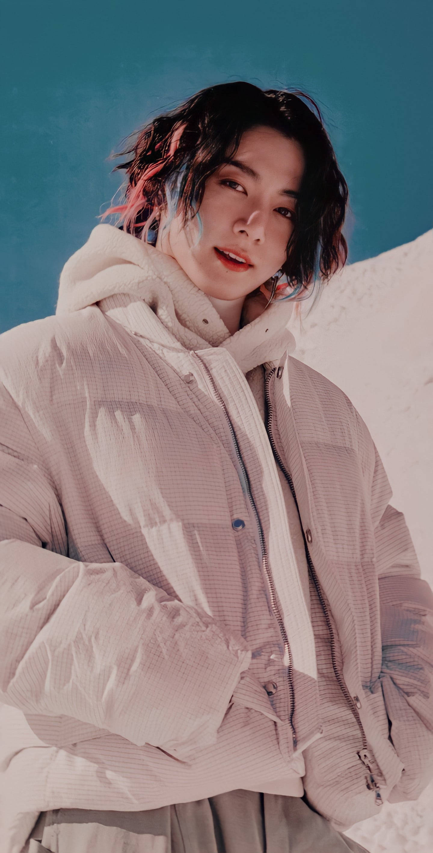 BTS Jung Kook, cute winter jacket, puffy white jacket, 2K Phone Wallpaper