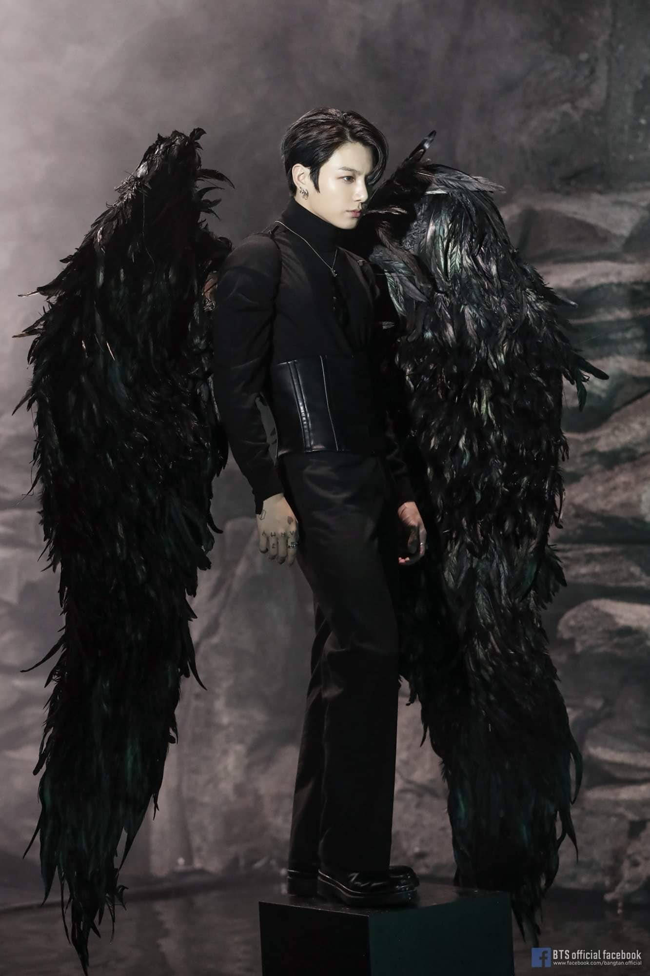 BTS Jung Kook, black wings, misty rocky backdrop, Full HD Phone Wallpaper