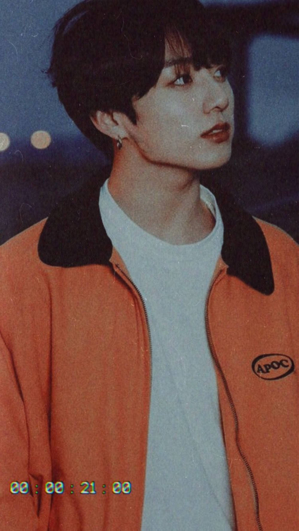 BTS Jung Kook, orange jacket, blurred night backdrop, HD Phone Wallpaper
