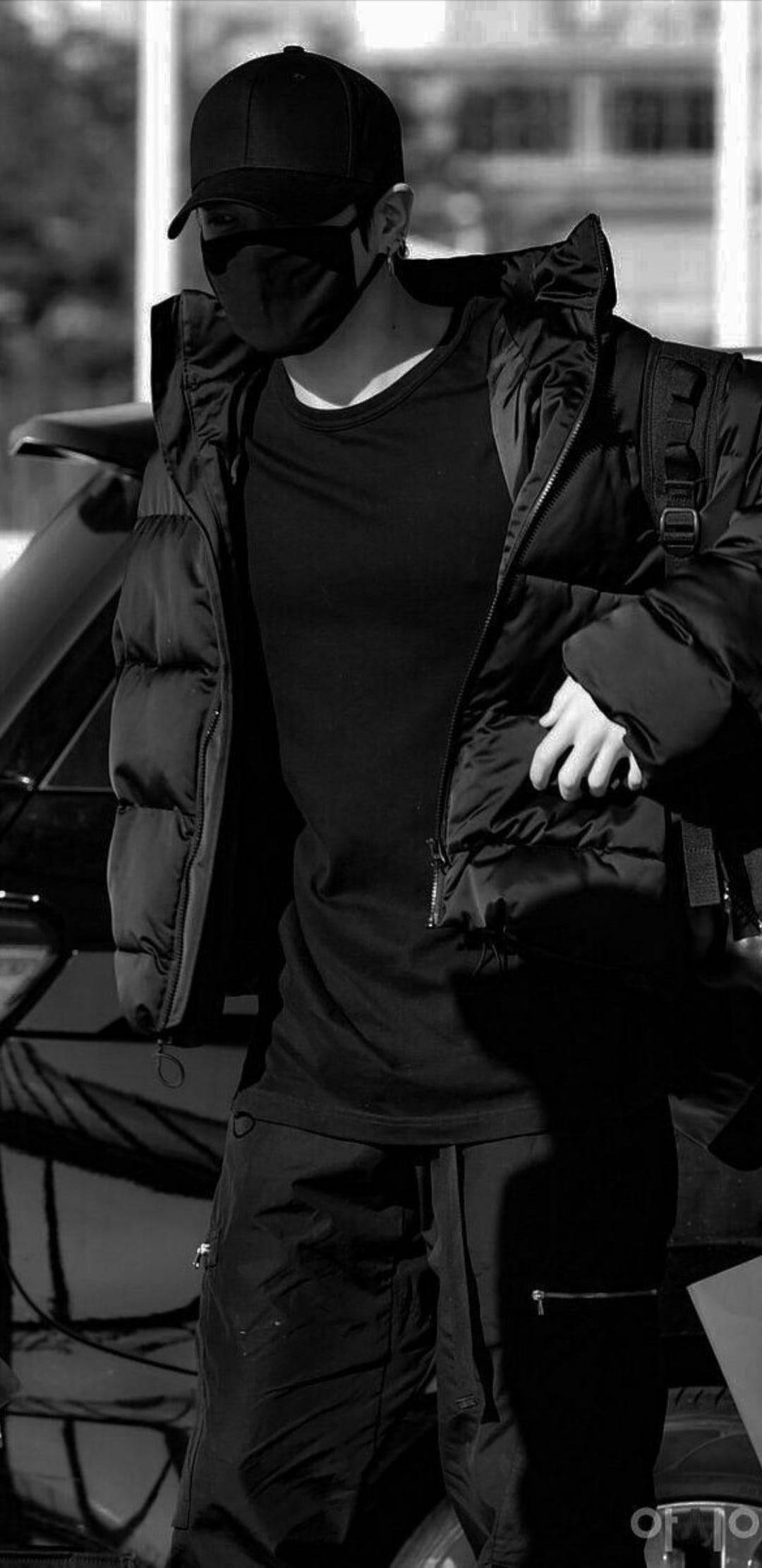 BTS Jung Kook, all black attire, face mask, Full HD Phone Wallpaper