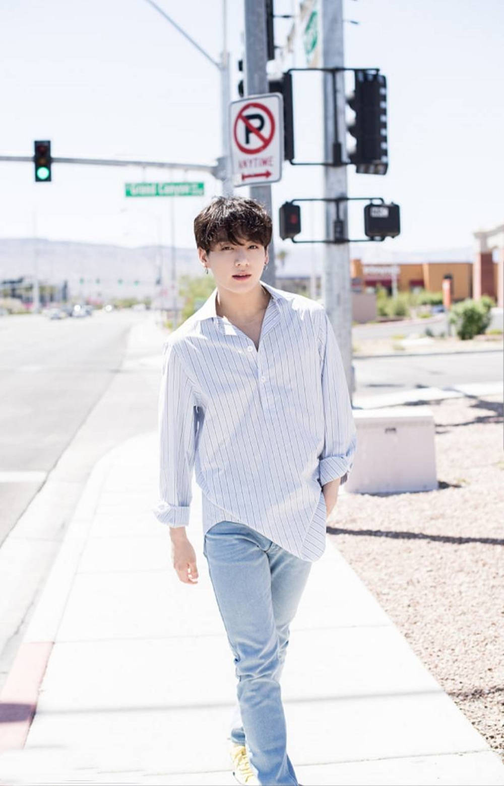 BTS Jung Kook, striped shirt, jeans, HD Phone Wallpaper