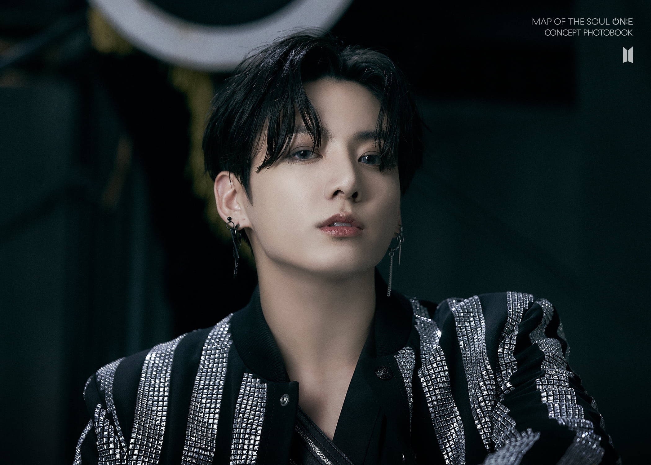 BTS Jung Kook, black and silver sequined jacket, silver earrings, Full HD Desktop Wallpaper