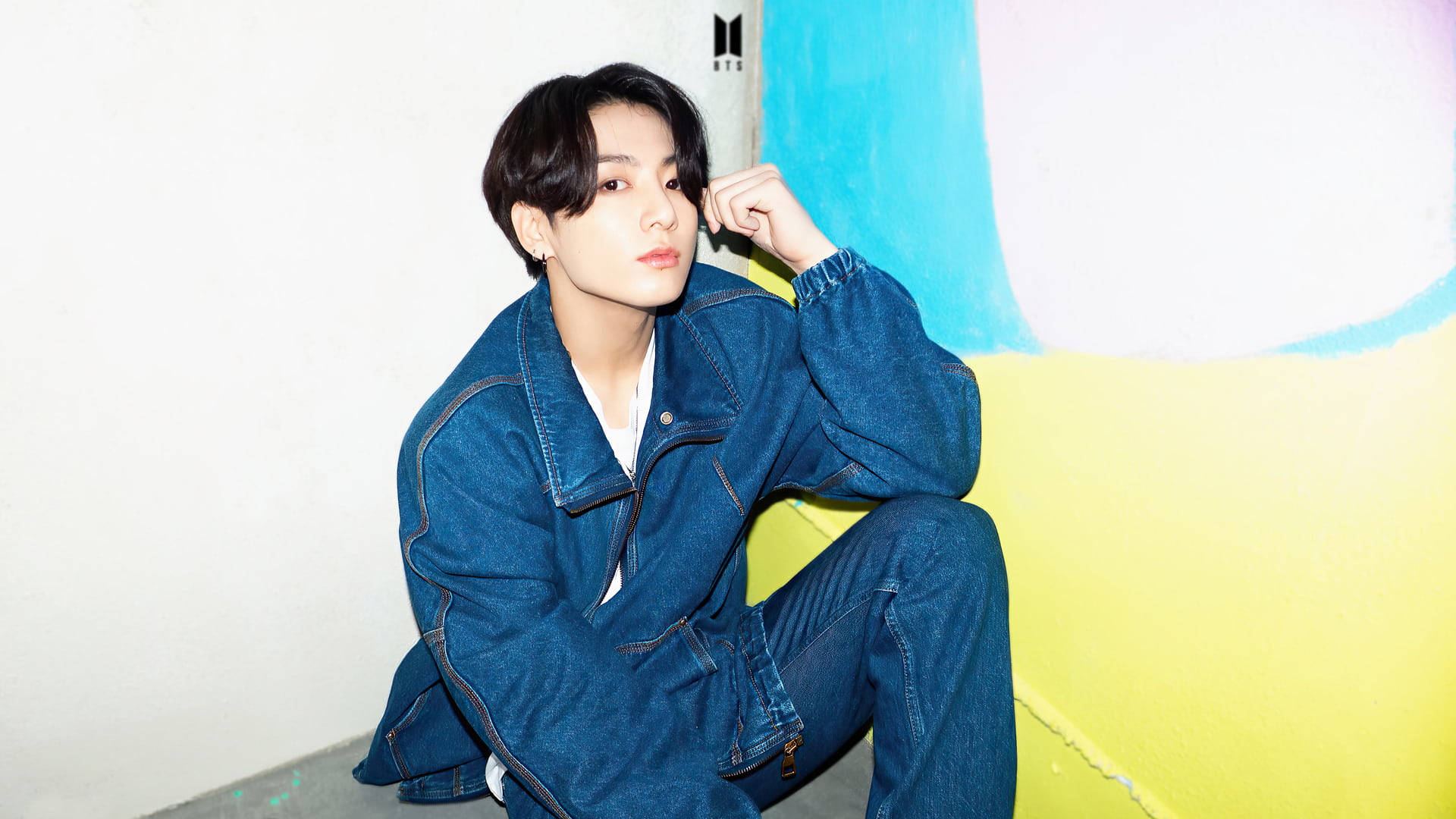 BTS Jung Kook, denim outfit, colorful wall, Full HD Desktop Wallpaper