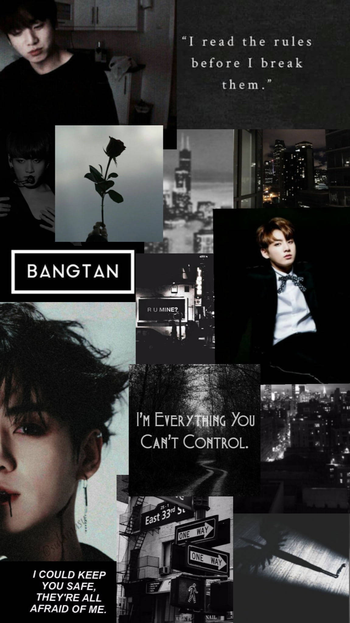 BTS Jung Kook, black and white collage, urban night scenes, Full HD Phone Wallpaper