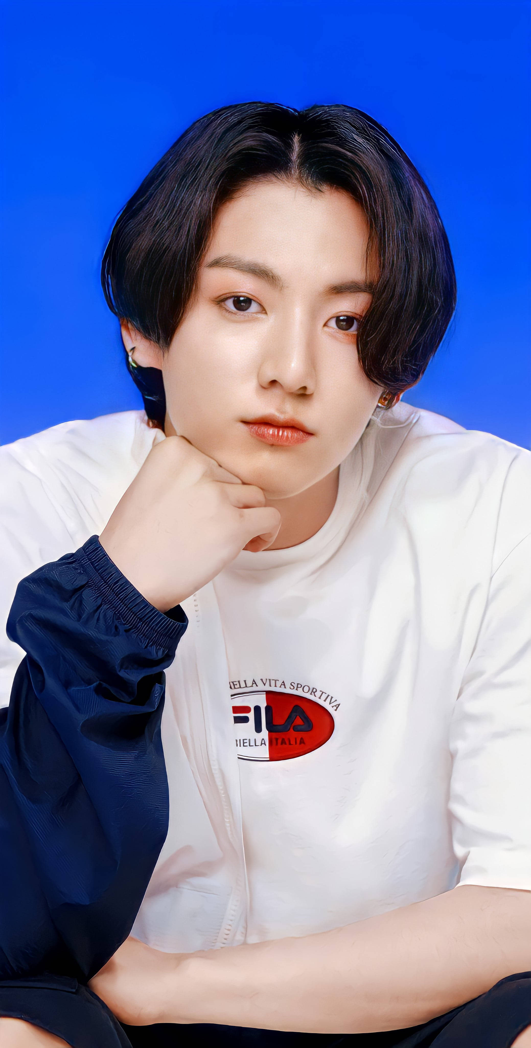 BTS Jung Kook, red lips, white FILA shirt, 4K Phone Wallpaper