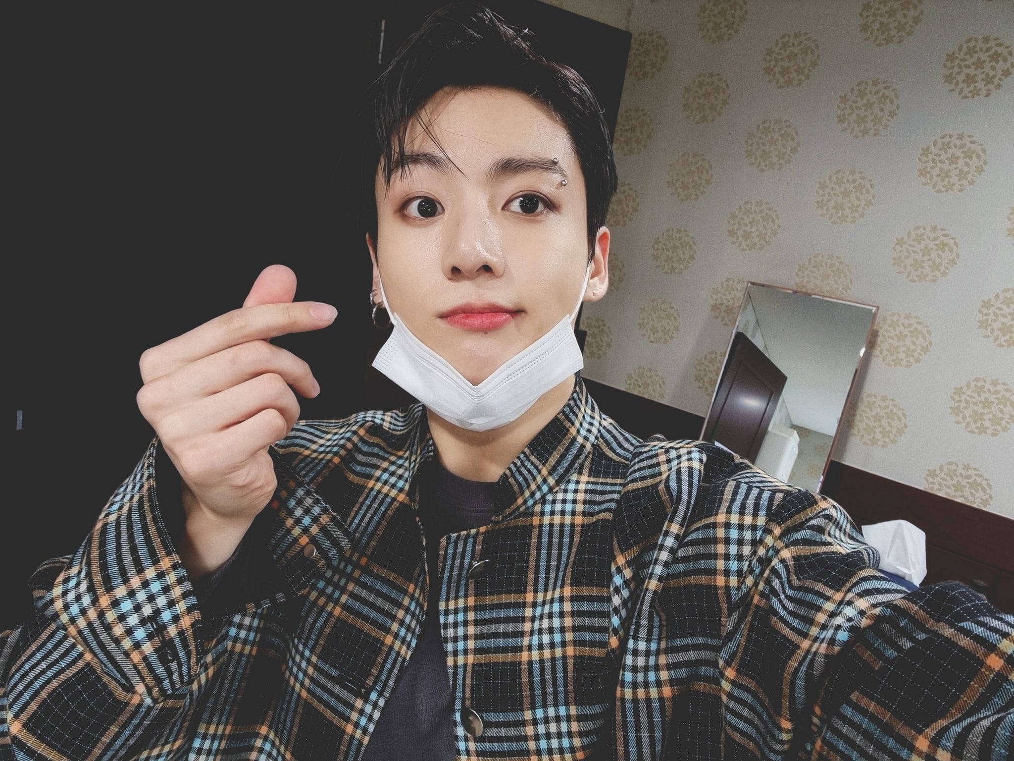 BTS Jung Kook, plaid shirt, face mask, Full HD Desktop Wallpaper