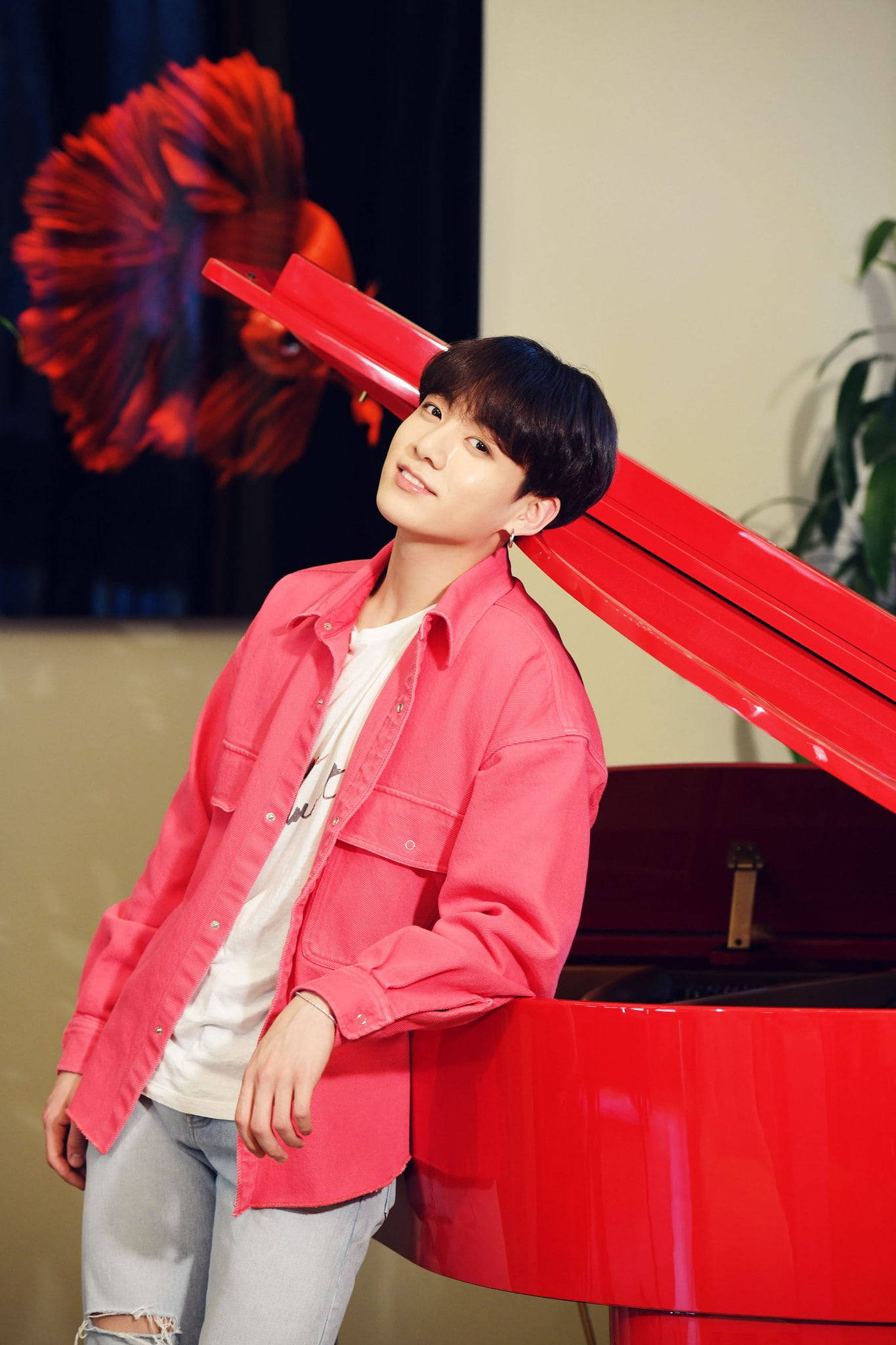 BTS Jung Kook, pink shirt, glossy red grand piano, Full HD Phone Wallpaper