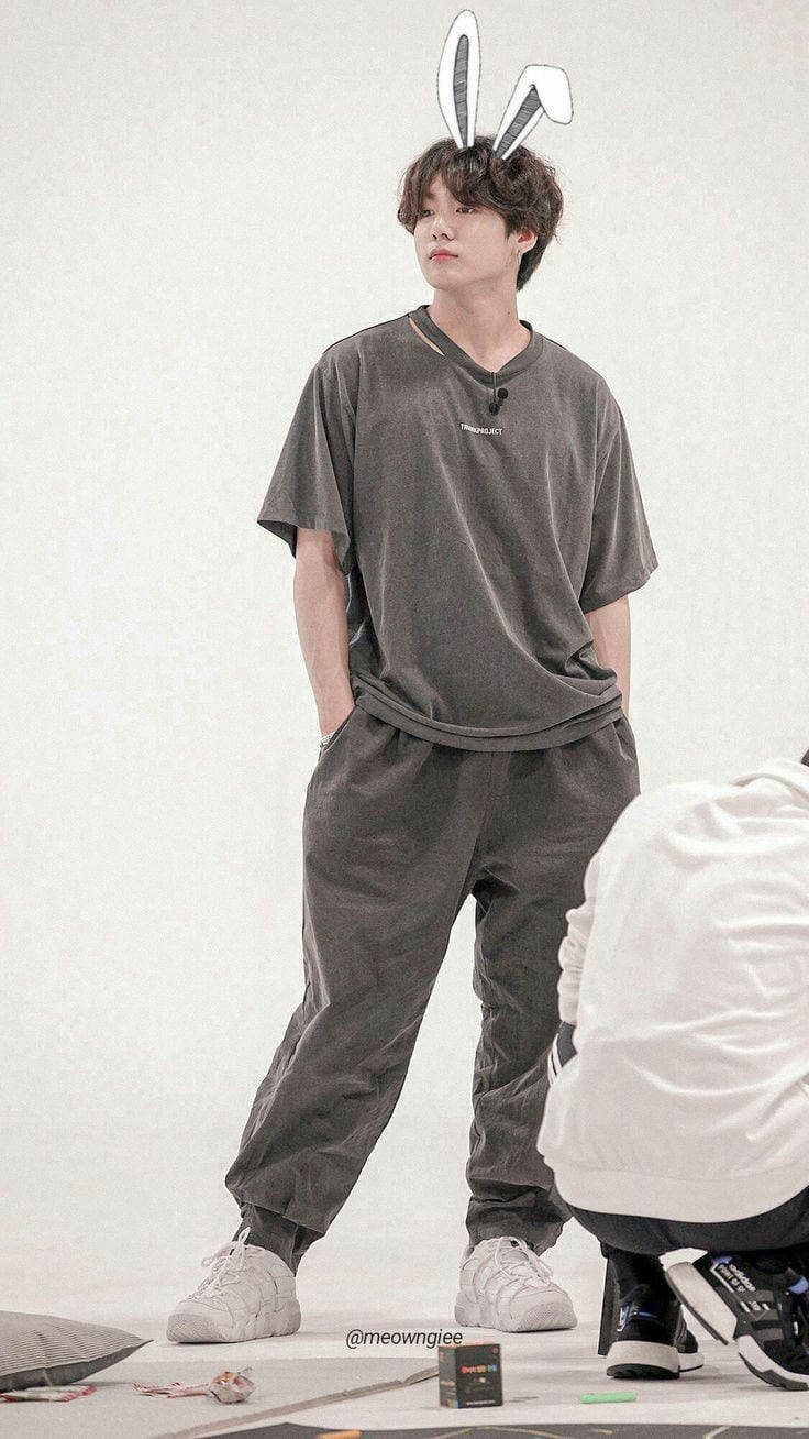 BTS Jung Kook, cute bunny ears, gray loungewear, HD Phone Wallpaper