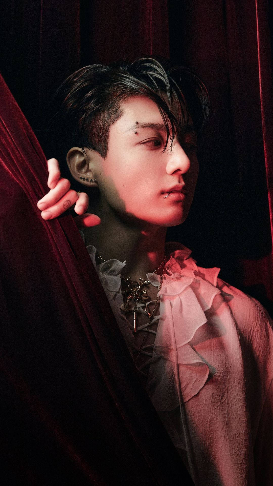 BTS Jung Kook, red velvet curtains, dimly lit room, Full HD Phone Wallpaper