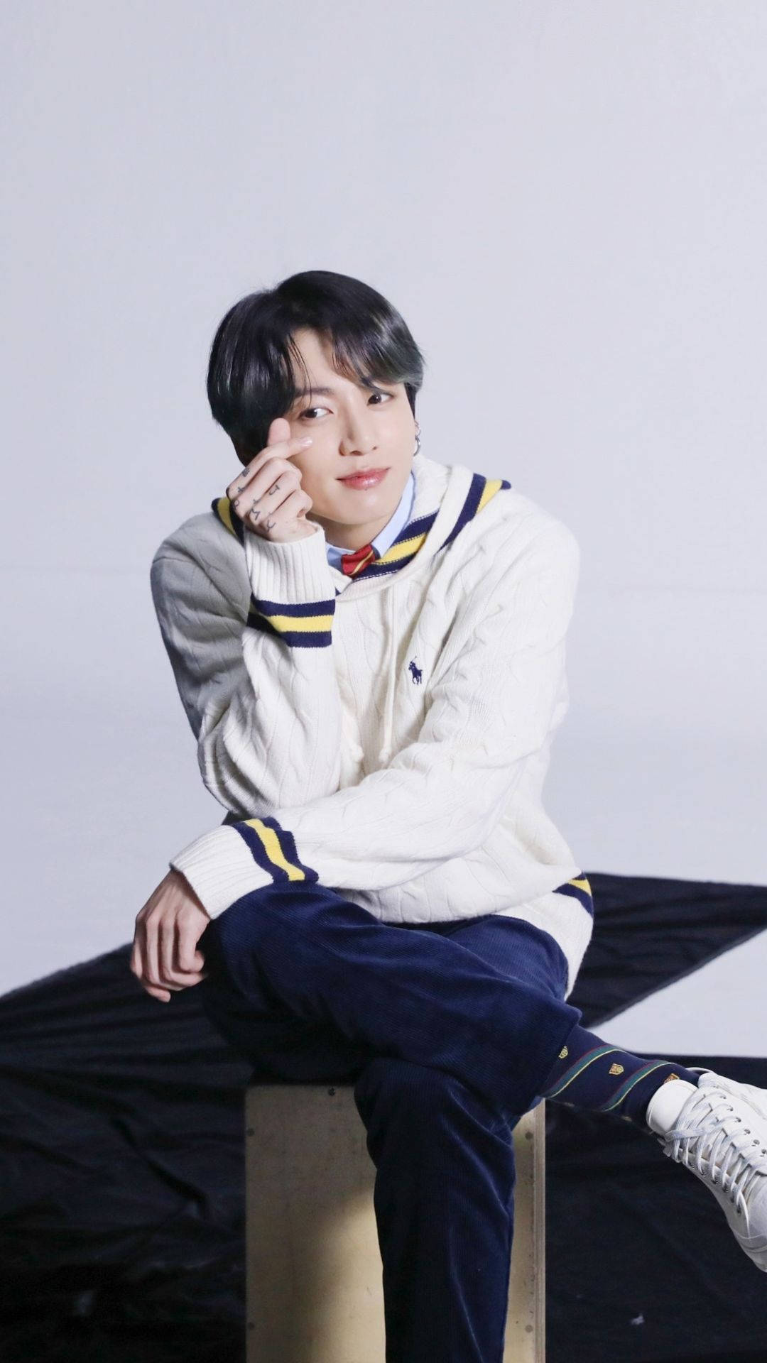 BTS Jung Kook, white cable-knit sweater, navy velvet pants, Full HD Phone Wallpaper