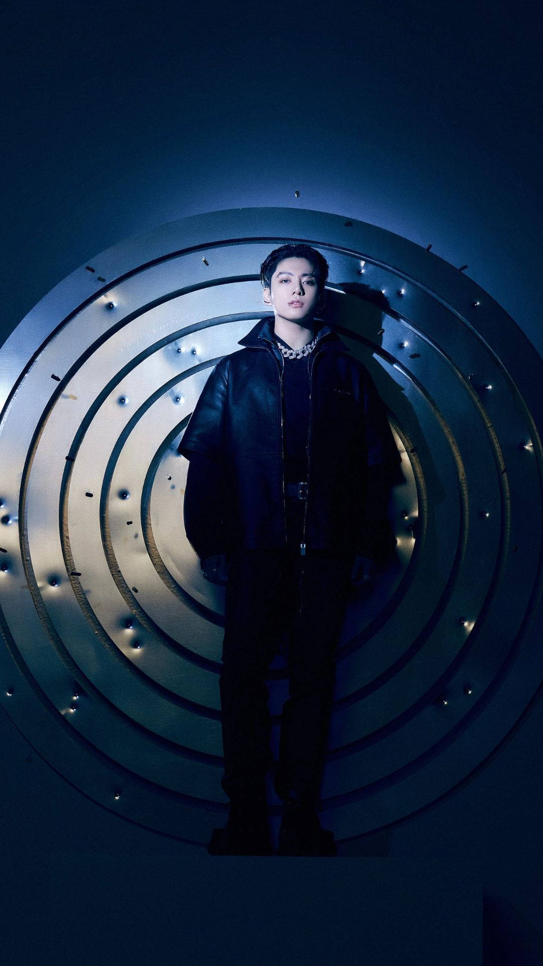 BTS Jung Kook, black leather jacket, glowing metallic spiral tunnel, Full HD Phone Wallpaper
