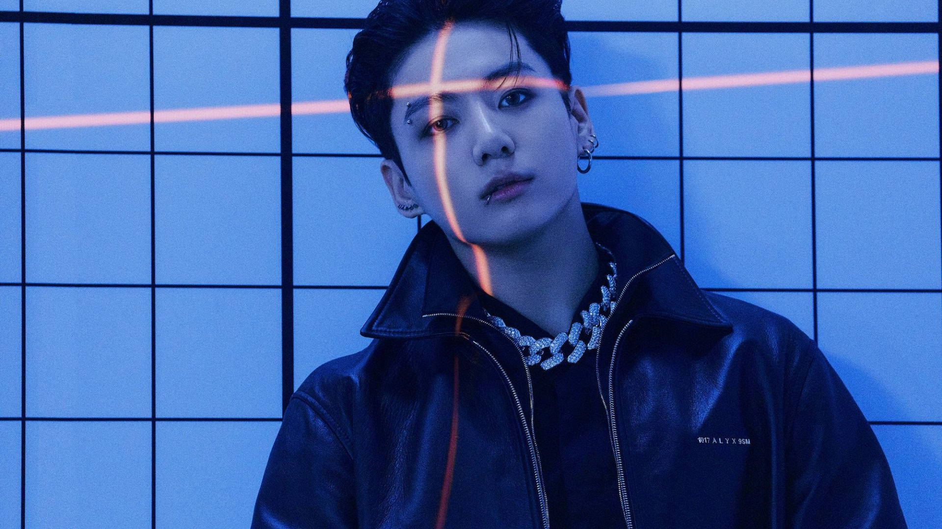 BTS Jung Kook, black leather jacket, blue grid wall, Full HD Desktop Wallpaper