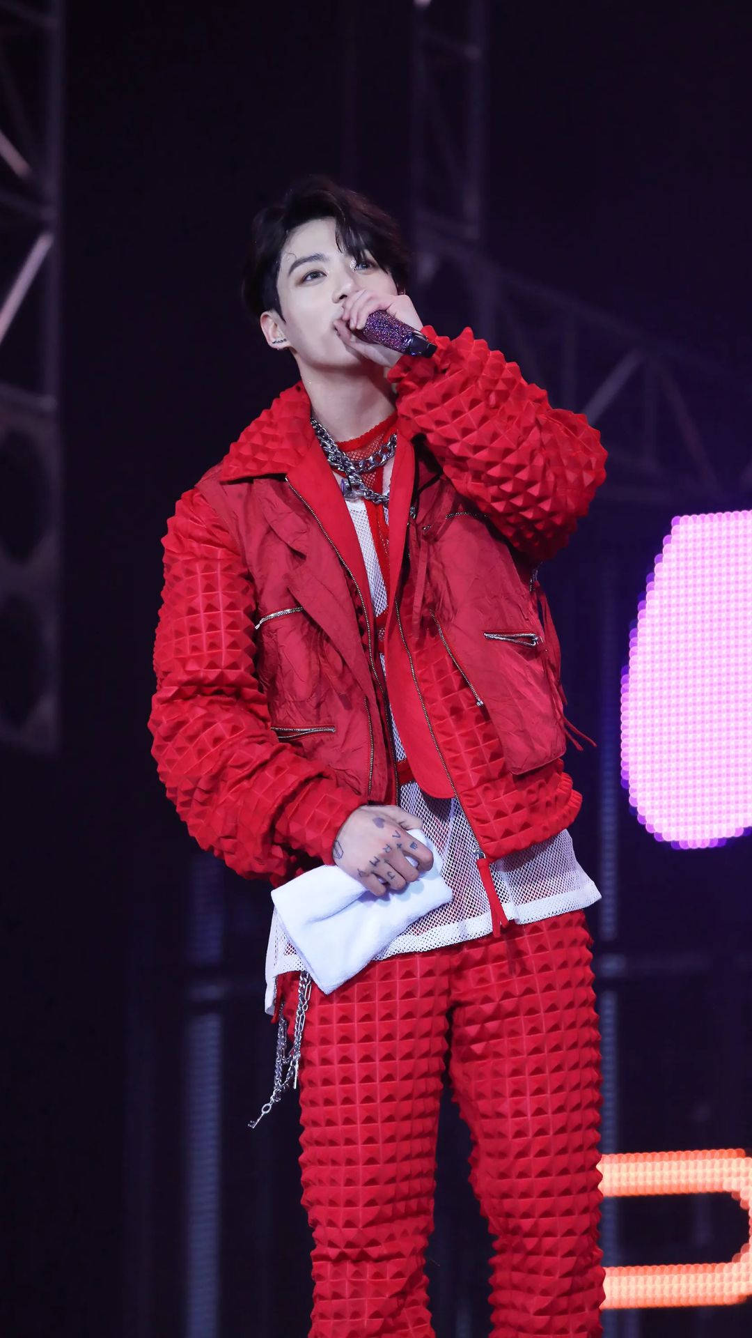 BTS Jung Kook, textured red outfit, microphone, Full HD Phone Wallpaper