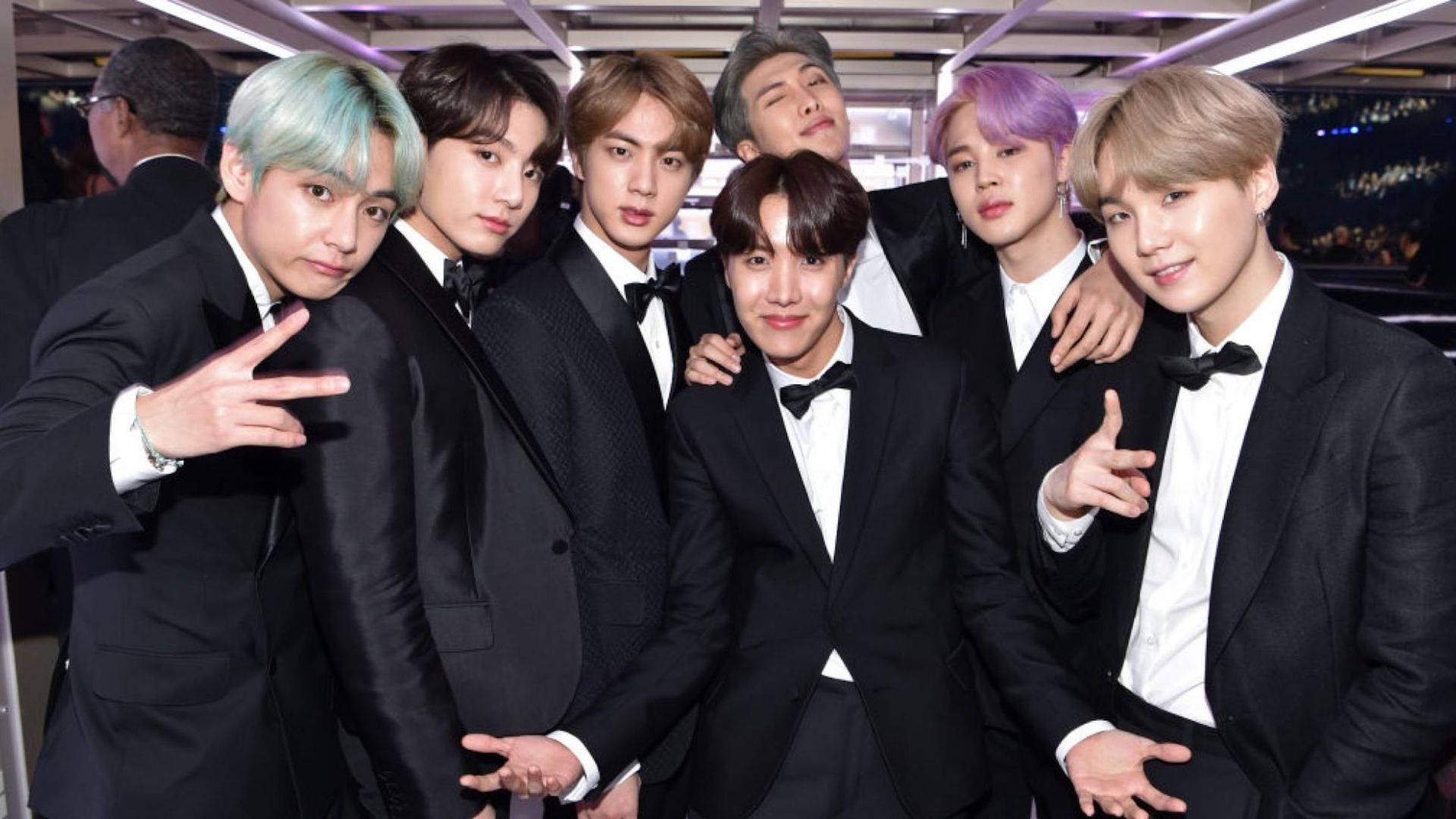 BTS Jung Kook, black tuxedos, colorful hair, Full HD Desktop Wallpaper