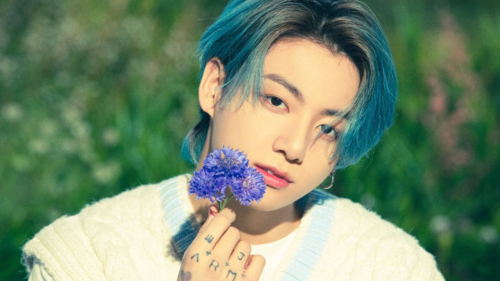 BTS Jung Kook, purple flower, blue hair, Full HD Desktop Wallpaper