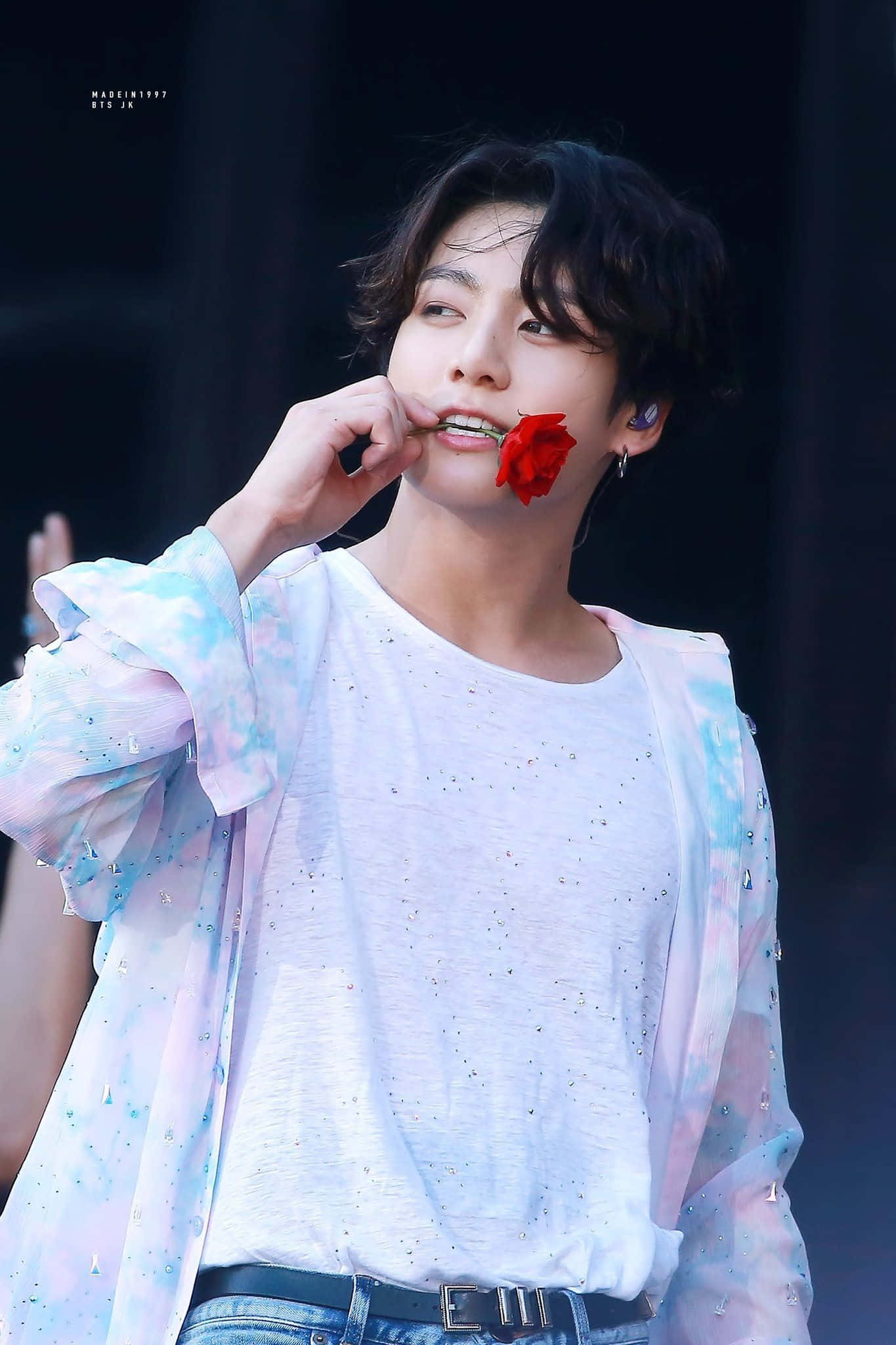 BTS Jungkook, long black hair, red rose, Full HD Phone Wallpaper