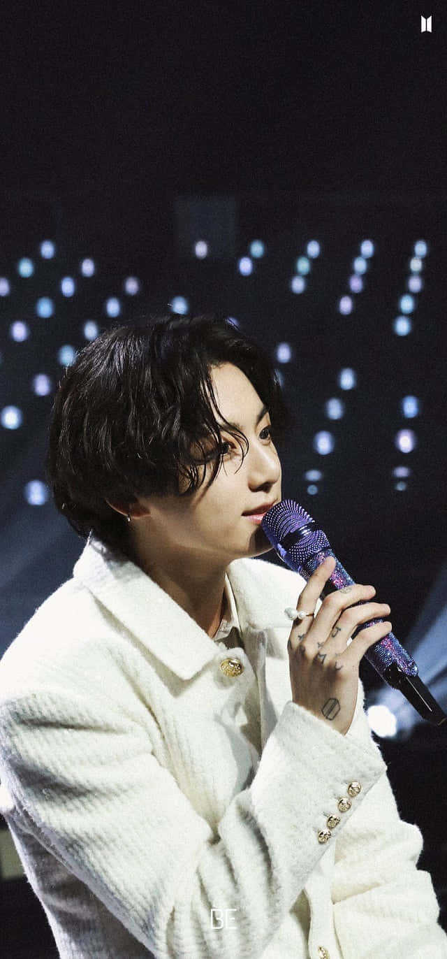 Bts Jungkook Long Hair, white textured coat, purple microphone, HD Phone Wallpaper