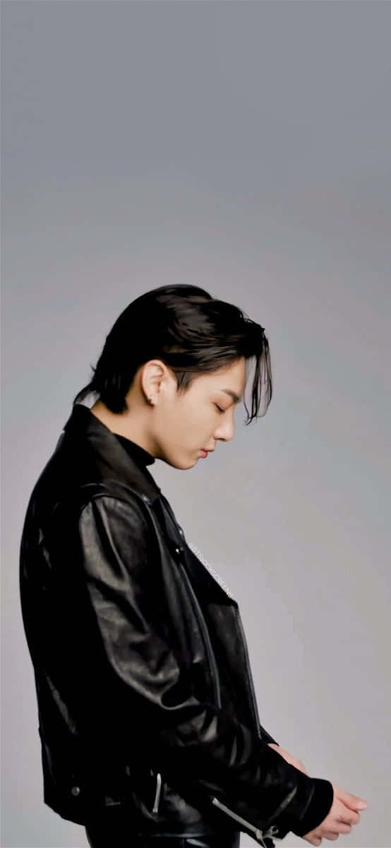 BTS Jungkook, long hair, black leather jacket, SD Phone Wallpaper