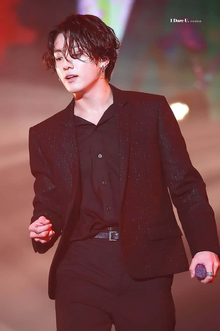 BTS Jungkook, long hair, black glitter suit, SD Phone Wallpaper