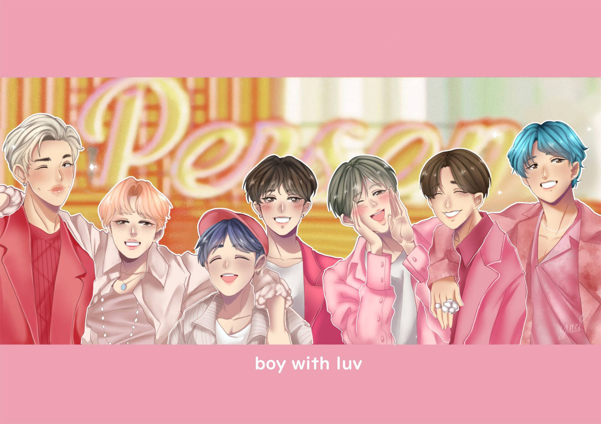 BTS, Anime Boy With Luv, pink outfits, Full HD Desktop Wallpaper