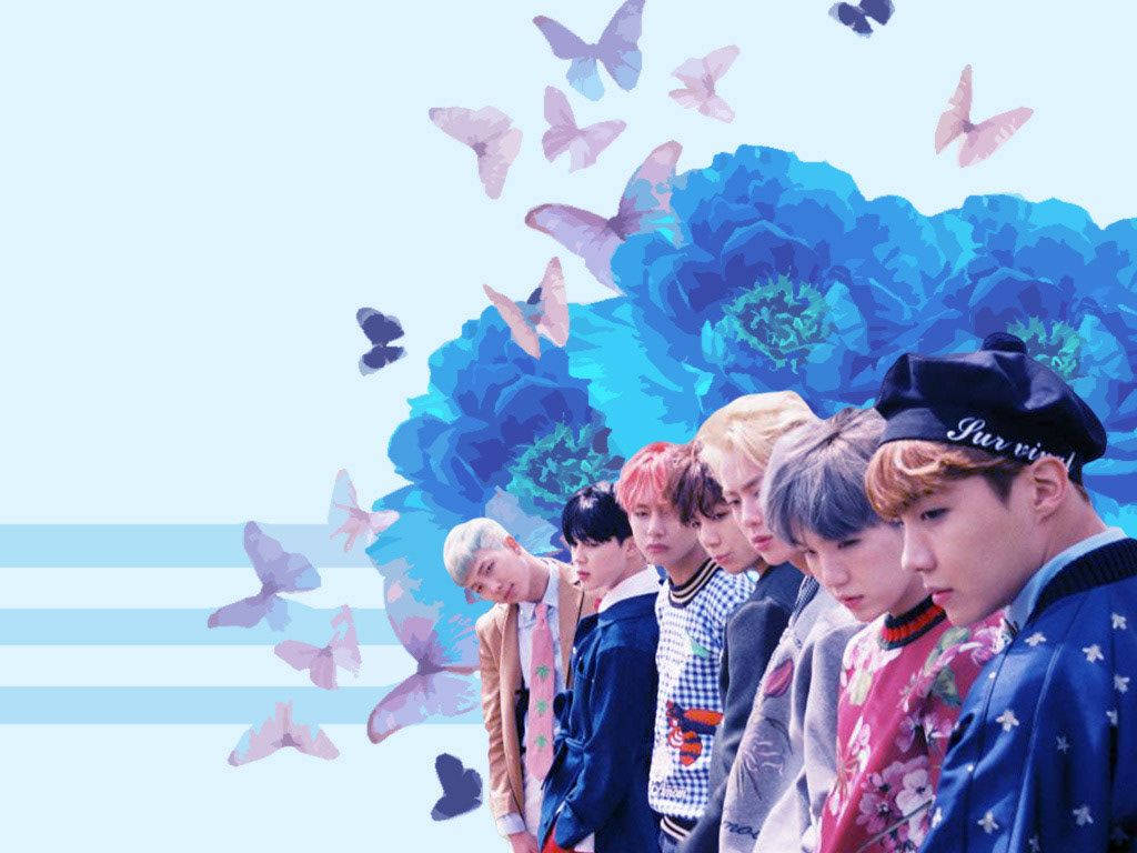 BTS, flowers and butterflies, giant blue flower, SD Desktop Wallpaper