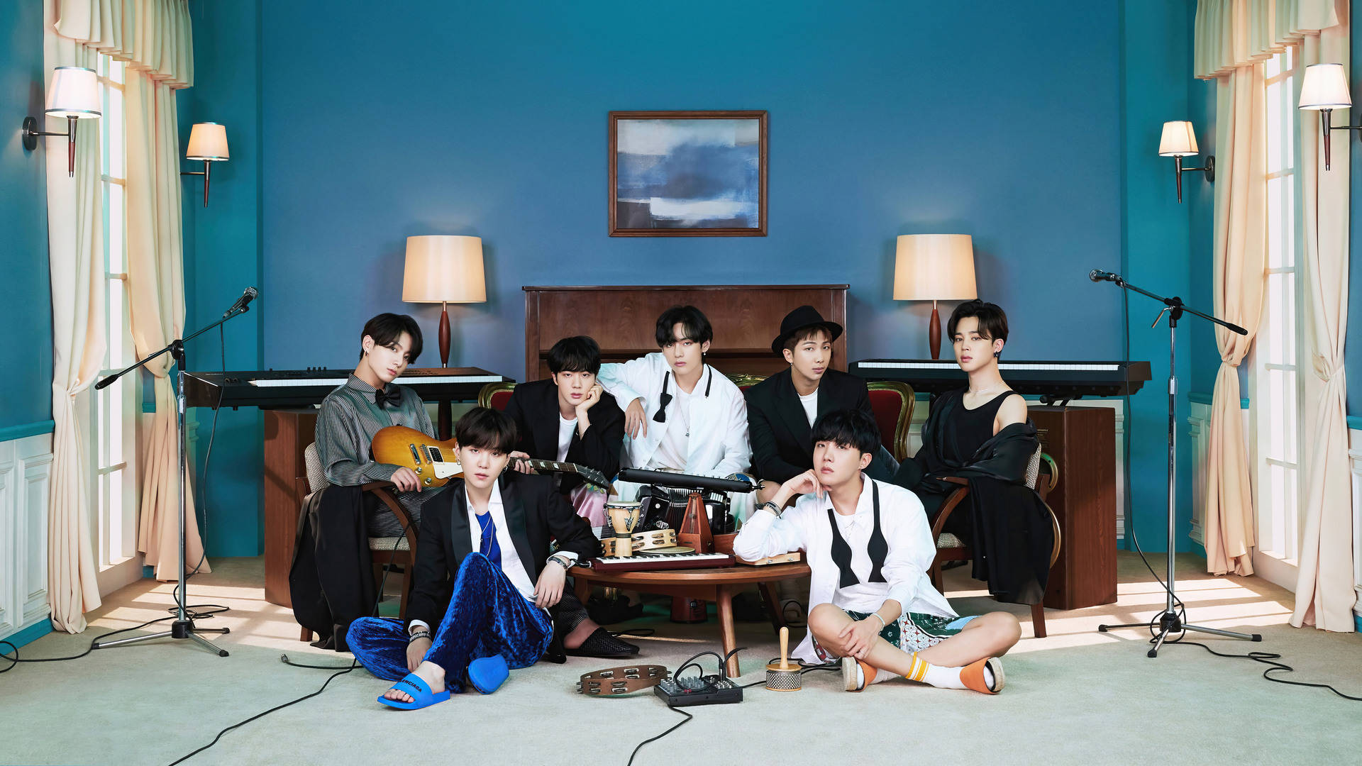BTS, music room, blue-walled room, Full HD Desktop Wallpaper