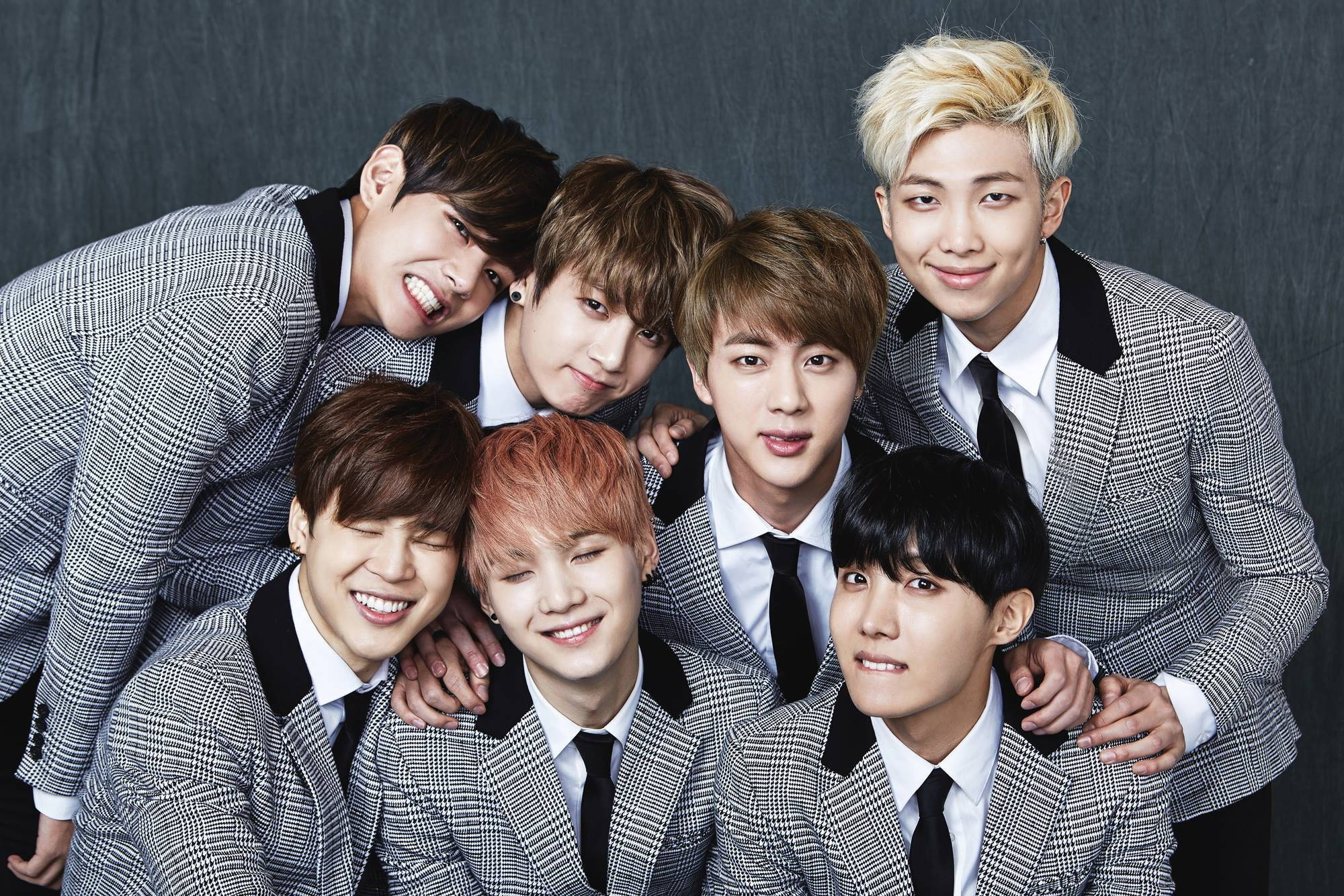 plaid suit, cool bts laptop, seven smiling young men, Full HD Desktop Wallpaper