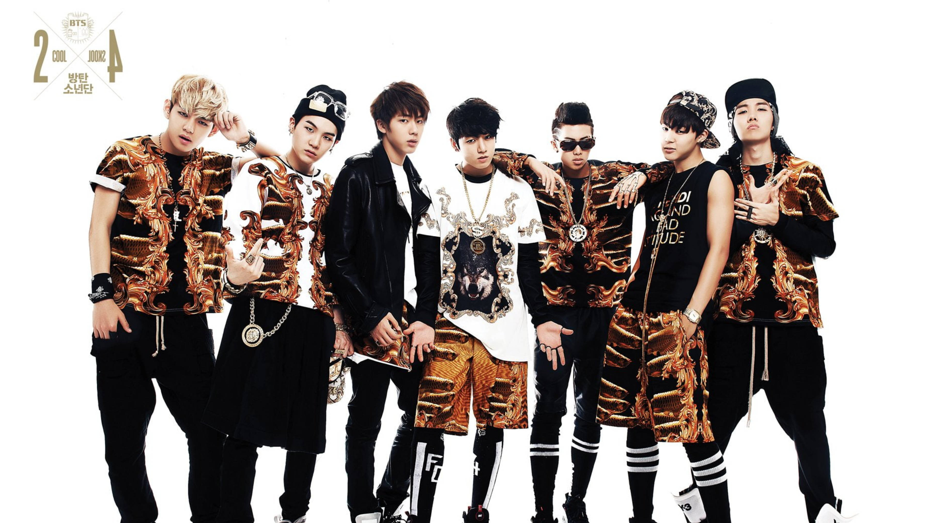 BTS, gold and black patterned outfits, stark white background, 4K Desktop Wallpaper