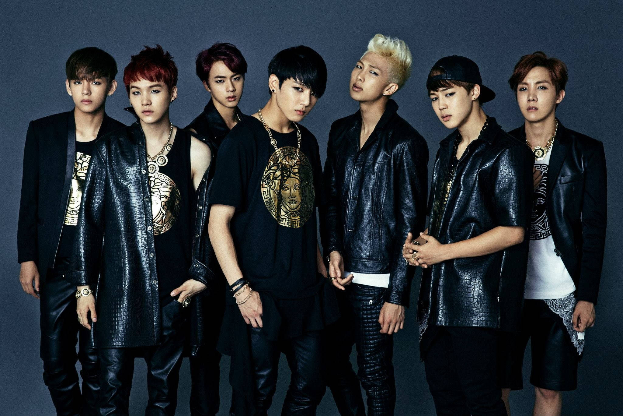BTS, black leather outfits, dark gray studio backdrop, Full HD Desktop Wallpaper